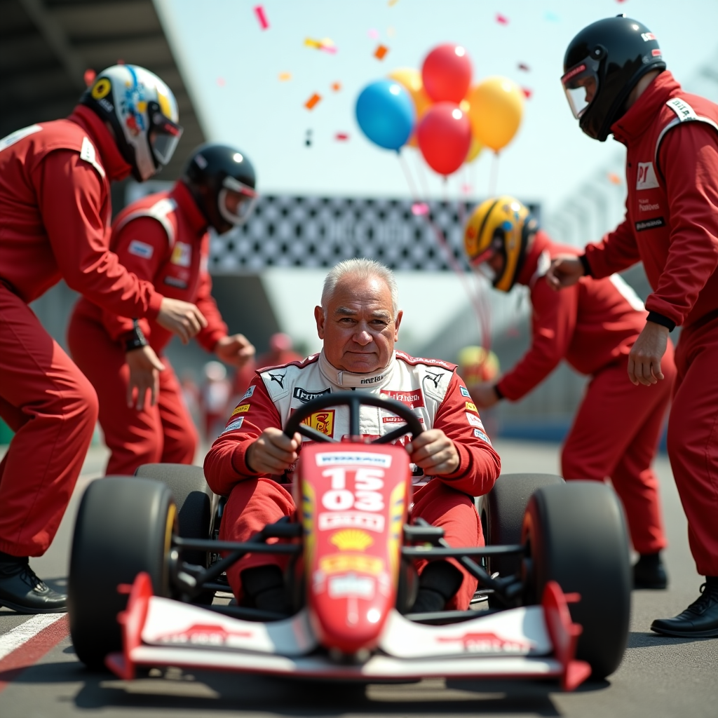 At the top of the realistic photograph image: "Happy Birthday, Ross—Hope You’re Not Running on Bald Tyres Yet!"

A hyper-realistic photograph of an older man in a racing suit (labelled "ROSS") squeezing himself into a tiny go-kart, with a comically serious face. Around him, a group of pit crew in full F1-style gear frantically "servicing" the kart: checking the oil with a pizza slice, inflating tires with party balloons, and polishing the helmet with a birthday cake. Confetti rains from above as a checkered birthday banner waves in the background. A "Start/Finish" line in front of him reads: "One Year Older—Still in Pole Position!"
Generated with these themes: Motorsports .
Made with ❤️ by AI.
