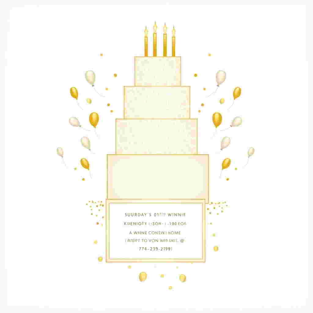 The front cover of the birthday greeting card will be a lively, crisp, and modern composition in a vector style. The dominant colors are white and gold, creating a chic and celebratory feel.

**Central Element:**
At the center, illustrate a large, three-tiered birthday cake. The cake is stylized with smooth, flat shapes, and features intricate geometric patterns in white and gold. The layers of the cake are adorned with golden candles, flickering with small, flat flames. The candles are tall and slender, spaced evenly across the tiers.

**Background and Foreground Elements:**
The backdrop features a flat, clean white background, providing a perfect canvas for the gold elements to pop. In the foreground, position an elegant gold banner, arched gracefully above the cake. The banner displays the text "Winnie's 50th Birthday Brunch" in a stylish, sans-serif font reminiscent of Patrick Seymour's work, with clean lines and sharp edges.

**Text Placement:**
Below the cake, integrate the remaining text within a gold-bordered rectangular panel. This panel is embedded within a series of stylized gold and white balloons, which float around the cake. The balloons are designed with crisp outlines, inspired by the work of Von Glitschka, creating a balanced composition. Inside the panel, the text reads: 

"SUNDAY, MAY 11th | 12 NOON  
WINNIE'S HOME  
8 RUSSELL CALVIN DR  
WORCESTER MA 01695  
RSVP TO WINNIE @ 774-239-2998"

The text is clean and legible, using a simple yet elegant typeface, ensuring clarity against the white background.

**Additional Details:**
In the corners of the card, include subtle gold confetti dots, scattering outward in a radial pattern. These dots echo the geometric patterns on the cake, adding a sense of celebration without overwhelming the design.

This vector-style card combines clean lines, geometric shapes, and a sophisticated color palette, creating an elegant and festive birthday greeting for Winnie.
Generated with these themes: White and gold.
Made with ❤️ by AI.
