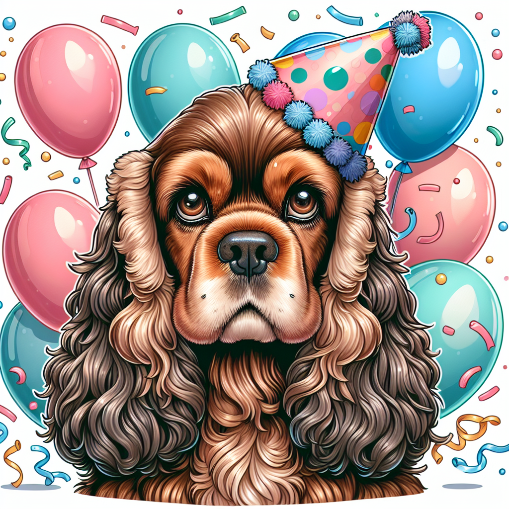 Create a captivating cartoon scene where a mature American Cocker Spaniel is the center of attention at a joyous birthday event. The dog's expertly groomed brown fur shines under the cozy lights, harmonizing with its gentle, brown eyes that sparkle with pleasure. A wide variety of pastel-colored balloons bob overhead, and a lively birthday hat sits off-center on the dog's head. A random sprinkling of confetti introduces an element of playfulness to the festivity.
.
Made with ❤️ by AI.