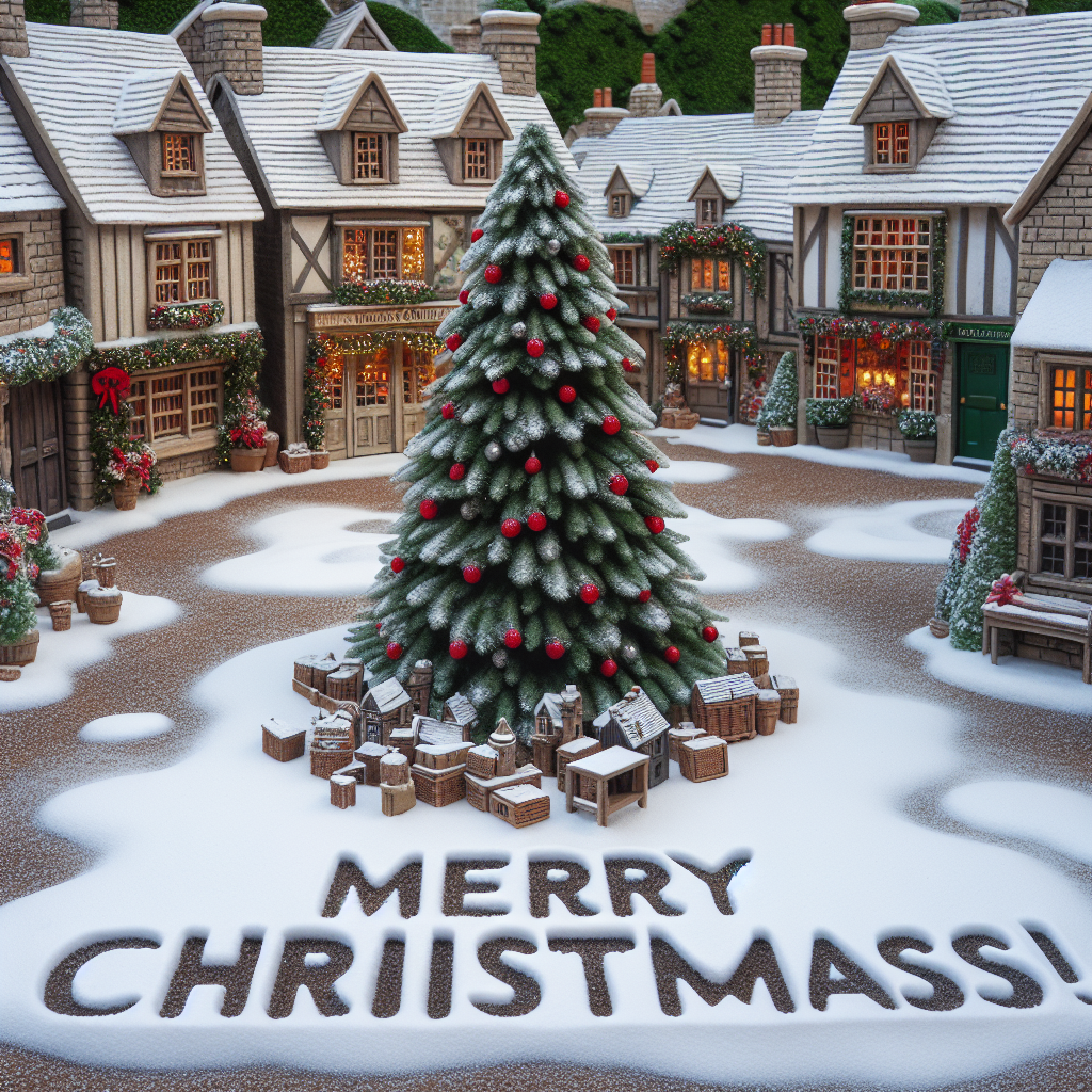 A picturesque village square adorned with festive decorations and a central, lifelike Christmas tree. Snow blankets the roofs and cobblestone paths, with the words 'Merry Christmas!' etched into a snowdrift in the foreground.
Generated with these themes: Snow.
Made with ❤️ by AI.