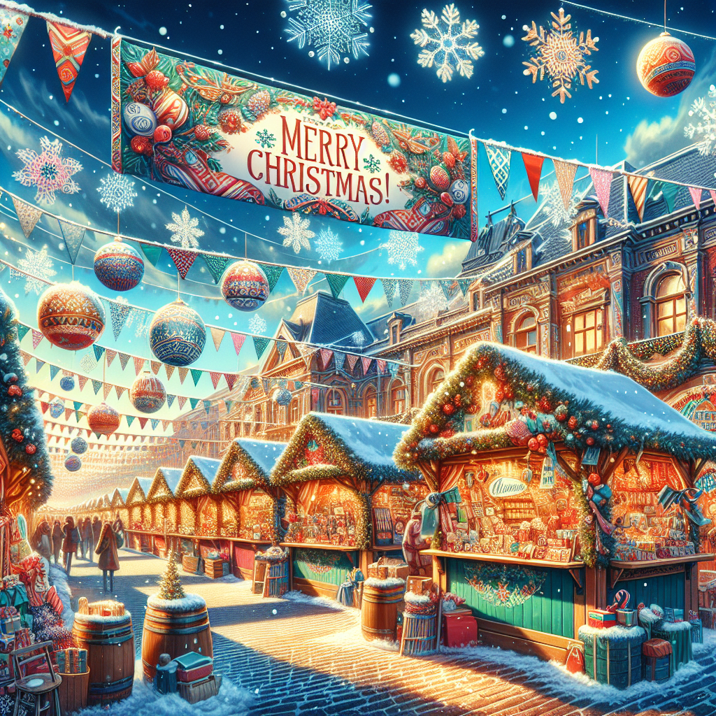 An outdoor Christmas market capturing the essence of the season, with stalls decorated in holiday cheer. Realistic snowflakes are gently descending, adding to the scene's charm, as a banner above reads 'Merry Christmas!' in festive typeface.
Generated with these themes: Snow.
Made with ❤️ by AI.