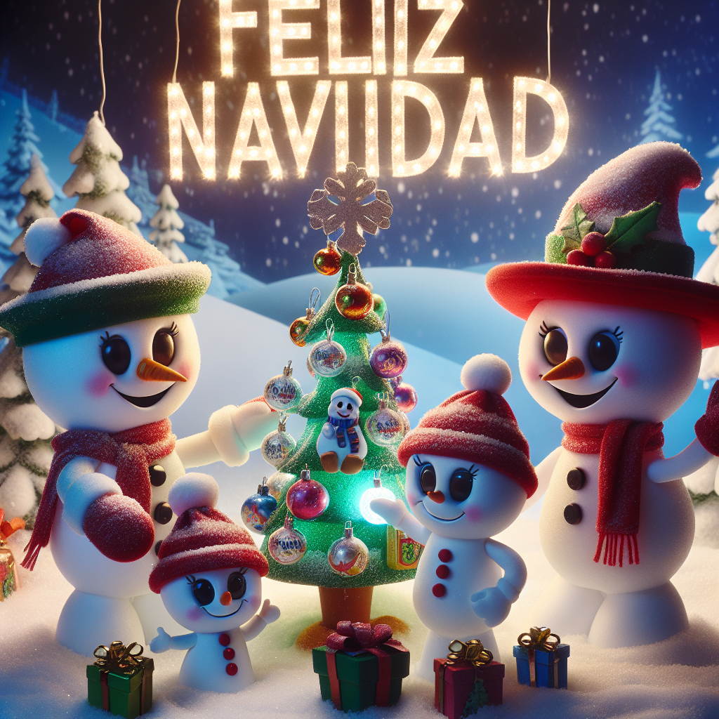 A jovial cartoon scene featuring a family of snowmen with a baby and toddler snow-child, all wearing festive hats. They are decorating a Christmas tree with ornaments while the words 'Feliz Navidad' sparkle in the snowy sky above them.
Generated with these themes: Family, Baby, and Toddlee.
Made with ❤️ by AI.