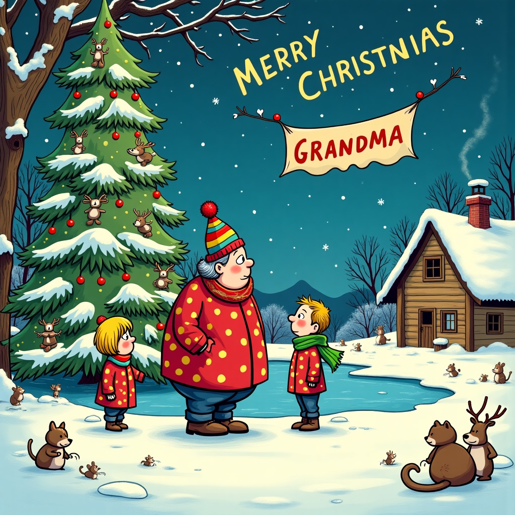 In the surreal Christmas card scene, we find ourselves in a whimsical winter wonderland, where reality bends just like in a dream. A plump lady in her 70s, with short, periwinkle hair styled in bouncy curls, stands cheerfully at the edge of a shimmering frozen pond. Her vibrant red coat is dotted with snowflakes, each snowflake in the shape of a tiny smiling face, reminiscent of Gary Larson's playful humor. Beside her is a bald man, age 35, wearing a multicolored wooly hat, which seems to be animated with little reindeer prancing around its brim, a nod to the vibrant imagination of Osamu Tezuka. 

Next to him stands a blonde lady, age 30, with bright yellow hair cascading down like ribbons of sunshine, and she's wearing a lively green scarf that twists into cartoonish Christmas trees, inspired by Charles Schulz’s iconic simplicity. They are all gleefully engaged in the act of decorating an enormous Christmas tree, the kind of towering, fantastical pine you’d find in a Winsor McCay dreamscape. The tree's ornaments are each unique: some are miniature sculptures depicting the iconic comic characters from different eras, from Mickey Mouse to Astro Boy. 

In the backdrop, a series of gently rolling hills, covered in a blanket of snow, echo the gentle slopes of Calvin and Hobbes’ winter adventures. Overhead, the sky is an explosion of stars forming the word "Grandma" in twinkling lights, similar to the celestial artistry of Hergé's Tintin. A banner hangs between two snow-laden branches, swaying with the words "Merry Christmas Grandma," painted in the style of Bill Watterson’s hand-drawn letters. 

To the side, a cozy log cabin with smoke whimsically spelling "Grandma" as it rises into the air, evokes a sense of homeliness, blending the artistry of Will Eisner’s settings with Art Spiegelman’s thoughtful compositions. The foreground is alive with small, comical woodland creatures, each in their festive attire, gathered around, helping to carry the decorations in a manner that echoes the mischief of R. Crumb’s comix. 

This surreal, cartoon-like landscape, with its fusion of styles and playful interpretations, makes for a wonderfully unique Christmas card that tells a story celebrating "Grandma" and the joy of the season.
Generated with these themes: Plump Lady in her 70s with short hair , Stood alongside a bald man in a wooly hat aged 35 and a blonde lady aged 30, and In the art style of the simpsons.
Made with ❤️ by AI.