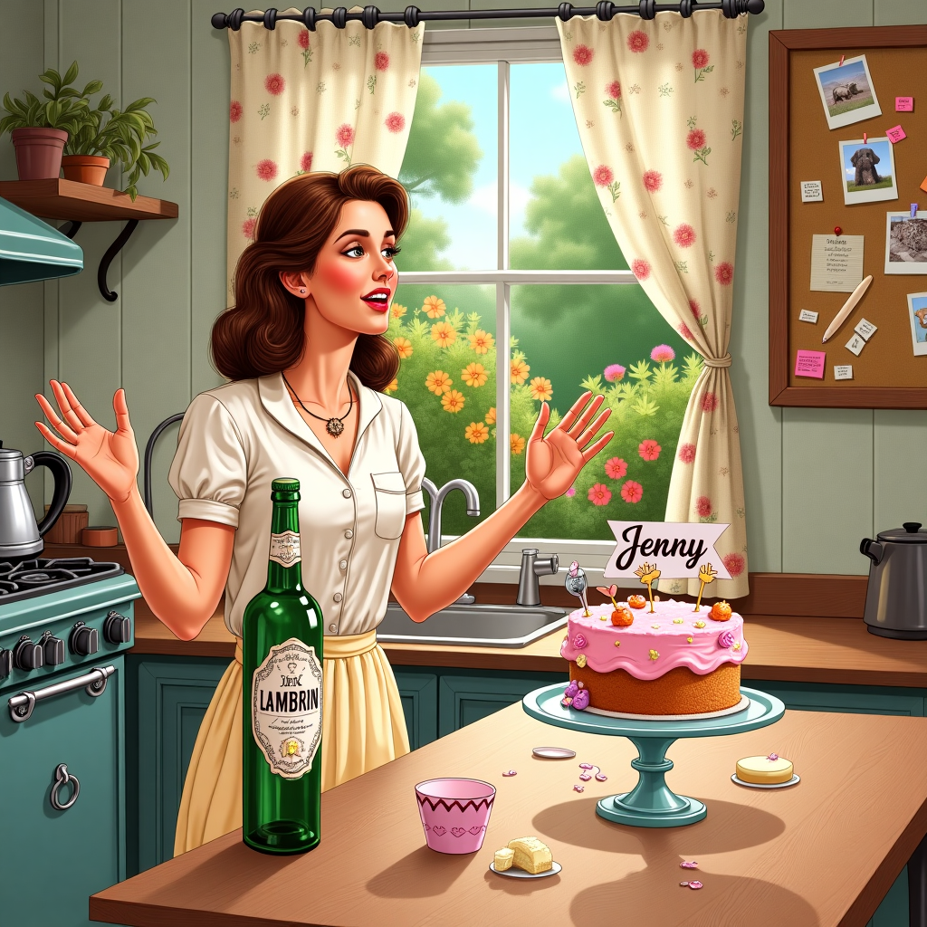 The scene is set in a cozy, quaint kitchen with a vintage flair, reminiscent of Norman Rockwell's detailed and warm style. The kitchen is filled with charming retro elements: an old-fashioned stove with a kettle gently steaming, floral-patterned curtains framing a sun-dappled window, and a wooden table cluttered with baking ingredients and half-finished projects.

In the center, a detailed hand-drawn illustration of a woman stands with a bottle of Lambrini in one hand. The Lambrini bottle is elegantly elongated, with a glistening label depicting a playful vine motif and splashes of pale pink, mimicking the color of the liquid within. Her other hand is gesturing animatedly as she talks, her fingers adorned with various vintage rings that catch the light.

On the table, a decadent cake topped with frothy pink icing sits on a pastel blue cake stand, its sides decorated with delicate sugar flowers. A small banner atop the cake reads "Jenny" in flowing script, the letters crafted to look like they were piped in icing.

In the background, framed by the window, a vibrant garden is visible, bursting with an array of colorful flowers inspired by Beatrix Potter's idyllic settings. Bright reds, yellows, and purples blend seamlessly into the greenery, adding life and vibrancy to the scene.

To the side, a corkboard pinned with Polaroids and notes adds depth to the illustration. The photos capture snippets of whimsical memories—a picnic, a playful pet, a quirky group photo—all sketched with the playful looseness of Quentin Blake's illustrations. 

The color palette of the entire scene is soft yet lively, with warm earth tones grounding the setting, highlighted by pops of pastel pinks, blues, and greens, creating a rich tapestry of details that invites the viewer to explore every inch.
Generated with these themes: Women drinking a bottle of lambrini .
Made with ❤️ by AI.