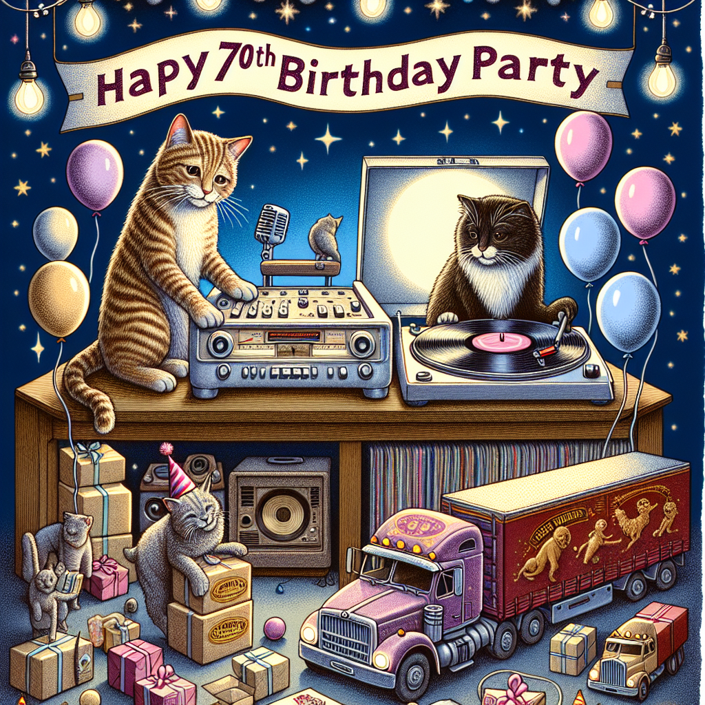Create a festive image illustrating a 70th birthday party in full throttle. Visualise a cosy scene where a brown tabby and a black and white cat operate an old-fashioned Hi-Fi stereo amidst a collection of vinyl records. They are the star performers, choosing and spinning classic music on the stage. At the lower section of the illustration, showcase a line of cheerful freight trucks carrying loads of balloons and wrapped presents, partaking in the vibrant celebration. The final peculiar detail that heightens the whimsical essence of the scene is the presence of friendly UFOs in the night sky, bathing the party guests and the location with a soft, ethereal glow.
Generated with these themes: Brown tabby cat, Black and white cat , Hi-fi , Records , Freight trucks , 70th birthday, and UFOs.
Made with ❤️ by AI.