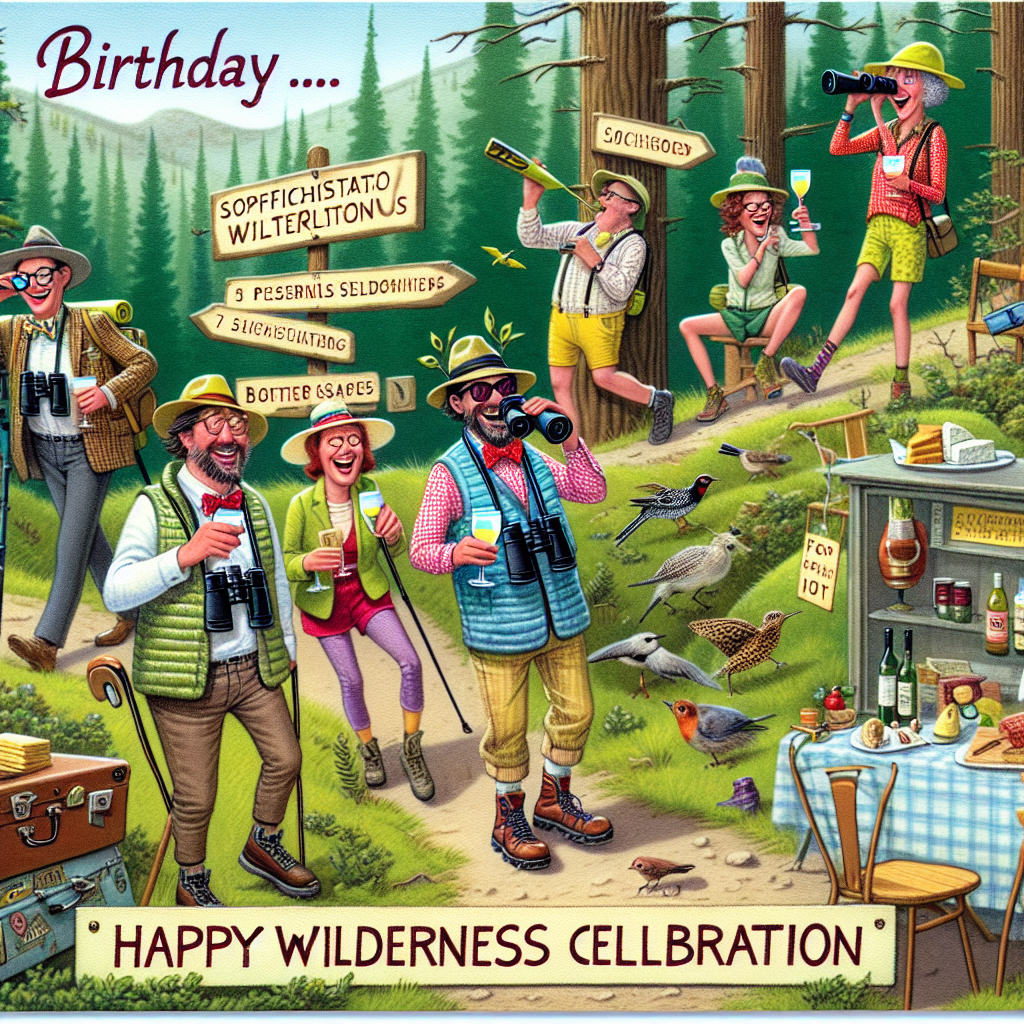Create an image of a birthday greeting card with a humorous twist on a sophisticate wilderness celebration. It features a group of friends of various genders and descents, laughingly walking along a forest path, indulging in casual birdwatching with binoculars around their necks. They are joyfully clad in whimsical hiking outfits, each holding a glass of wine and paired cheese. Small picnic tables dot the route. The background boasts an eccentric mix of antiques peppered throughout the trees, with playful signage mimicking vintage maps, indicating different food stations along the path.
Generated with these themes: Walking, Camping, Birdwatching , Wine, Cheese, Food, Antiques, and Maps.
Made with ❤️ by AI.