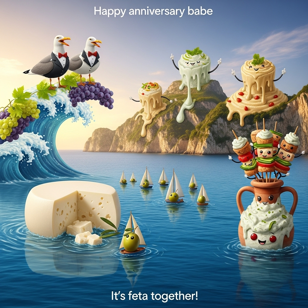 At the top of the Surreal Style image, include the text: **Happy anniversary babe**.

**Image Description:**

In the foreground, a giant feta cheese wheel floats serenely over the azure waters of the Ionian Sea, casting a whimsical shadow over a cluster of sailboats shaped like olives with tiny sails. 

Above, a pair of laughing seagulls in formal wear, complete with bow ties and monocles, ride on a surrealistic wave made of grapevines, arching gracefully across a sky tinted with hues of gold and lavender. 

The iconic cliffs of Corfu form an ethereal backdrop, with their peaks transformed into giant, whimsical scoops of tzatziki and hummus, oozing playfully under the warm, dreamlike sunlight. 

To the side, a large Greek amphora is metamorphosed into a vase holding a bouquet of dancing, anthropomorphic tzatziki-covered kebabs, their arms joyfully outstretched.

Below the scene, in a playful font, the caption reads: "It's feta together!"
Generated with these themes: Corfu greece , and .
Made with ❤️ by AI.