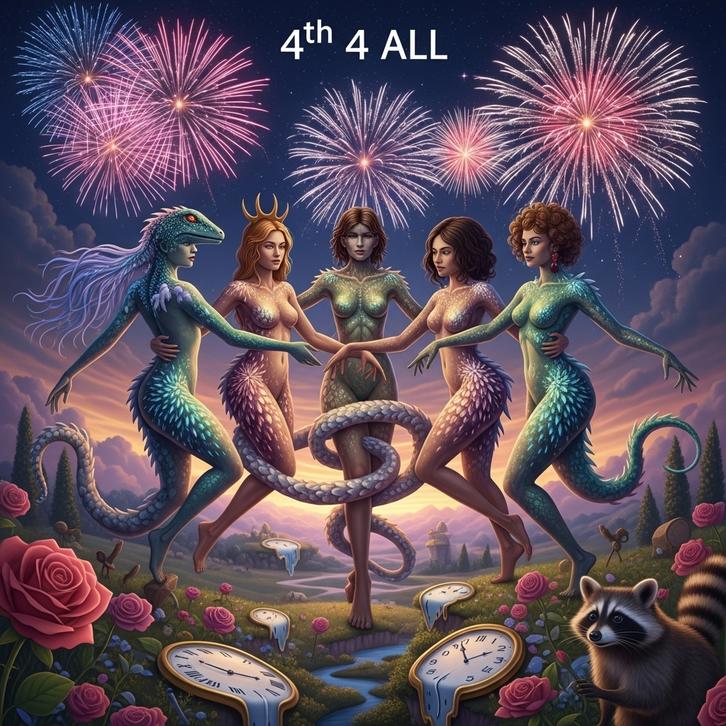 At the top of the Surreal Style image, include the text: **4th 4 All**

---

**Image Prompt:**

A dreamlike, surreal anniversary scene set against a backdrop of fireworks in a night sky, reminiscent of a Fourth of July celebration. Five intertwined female figures, each with an extra head representing diverse aspects of women's liberation, are depicted in a fluid dance. Their bodies blend seamlessly into ethereal reptilian symbiotes, with scales that shimmer like fireworks. Their elongated limbs reach out, connecting and entwining in an erotic embrace, symbolizing unity and passion. 

Below, an enchanting landscape unfurls, with elements like oversized roses and clocks melting into each other, nodding to the passage of time and love's endurance. The lighting is soft and mystical, casting a warm, inviting glow. A playful rabies-infected raccoon, embodying mischief, peeks from the edge, adding a touch of humor. This surreal tableau celebrates freedom, love, and togetherness in a whimsical and romantic manner. 

---

**Optional Text (if it adds to the image):** "Time melts, love evolves, freedom reigns."
Generated with these themes: Fourth of july, Women’s liberation, Rabies, Erotica, 5 heads, Reptilian symbiotes, and .
Made with ❤️ by AI.