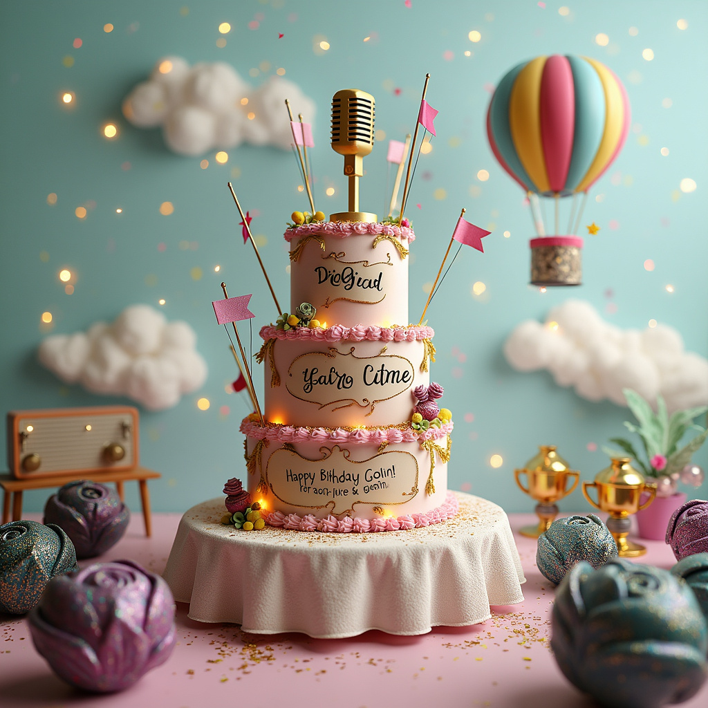 In a whimsically surreal landscape, an ornate birthday cake shaped like the Eurovision stage towers majestically in the center, adorned with sparkling, edible glitter. The cake's tiers are decorated with miniature flags from various countries, each one glowing with soft, pulsating LED lights. Atop the cake, a golden microphone emits holographic birthday wishes that say "Happy Birthday Colin" in multiple languages, changing with a gentle rotation. Surrounding the cake are clusters of metallic, iridescent balloons floating upwards, each balloon attached to delicate strings that twinkle like starlight.

Nestled around the base of the cake are ornamental cabbages, but these are no ordinary cabbages. They are fantastical creations, their leaves painted in vibrant, swirling patterns of purples, blues, and greens, dusted with fine glitter that catches the light. The cabbages are set in decorative pots shaped like Eurovision trophies, making them an integral part of the celebratory scene.

To the left of the cake, a whimsical table set with a pristine white lace tablecloth holds an array of eclectic items. There’s a vintage radio emitting strains of iconic Eurovision songs, and a small, color-changing disco ball casting playful reflections across the table. Also on the table, a delicate, hand-written card reads "Happy Birthday Colin" in flowing, calligraphic script.

Above this entire scene, a sky filled with floating glitter confetti slowly rains down, creating a constant shimmering effect that ties all the elements together. In the background, a whimsical hot air balloon, shaped like an oversized piece of cake with a bite taken out of it, drifts lazily across a pastel-hued sky. It’s festooned with bunting flags in Eurovision colors and streams glitter as it floats.

This entire enchanting scene perfectly encapsulates the themes of Eurovision, glitter, cake, balloons, and ornamental cabbage in a surreal, delightful birthday celebration for Colin.
Generated with these themes: Happy Birthday Colin , Eurovision, Glitter, Cake, Balloons, and Ornamental cabbage.
Made with ❤️ by AI.