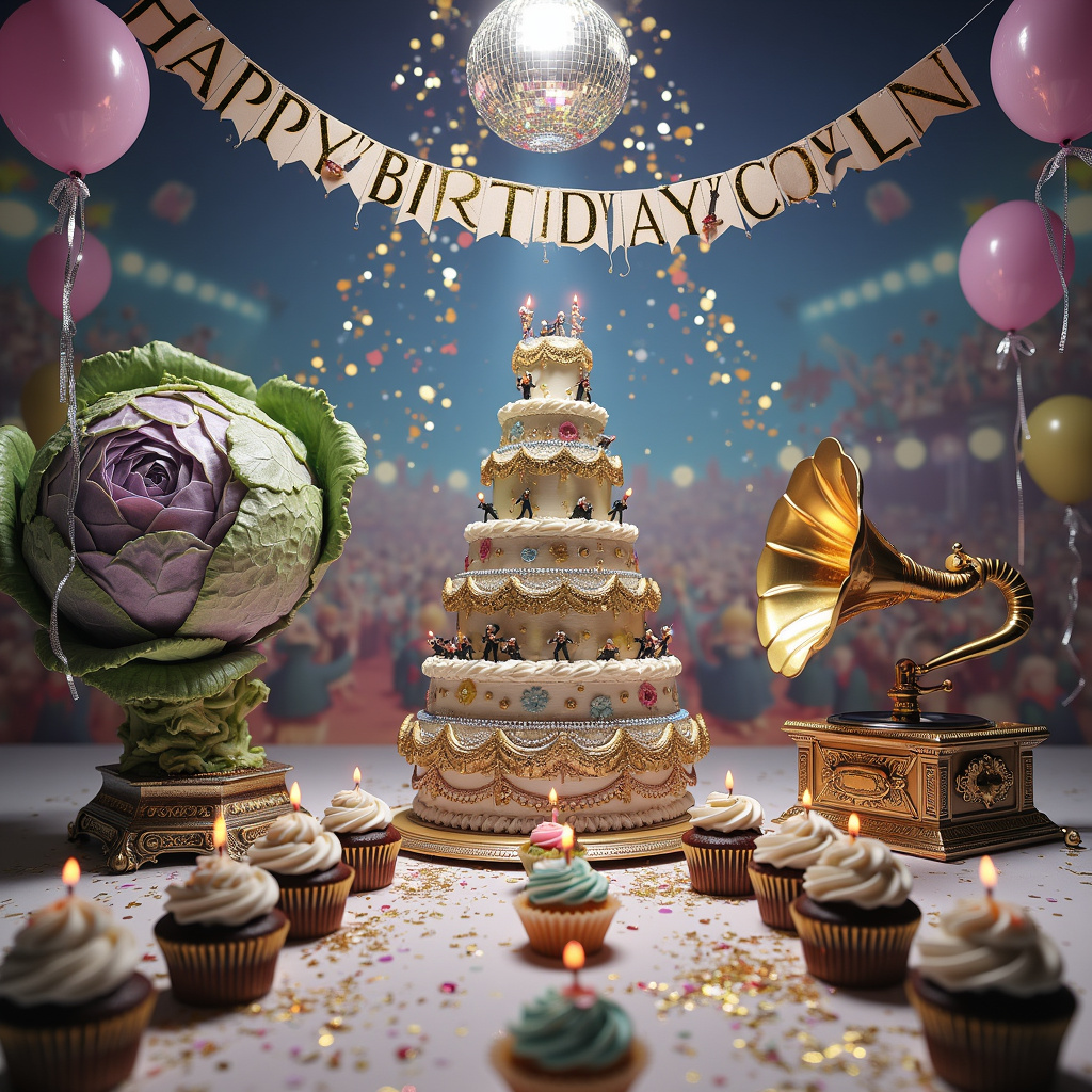In the center of a fantastical, yet oddly realistic, birthday party for Colin, stands a colossal tiered cake shaped like the Eurovision trophy, glimmering under a disco ball made of glittering glass shards. The cake's surface is intricately detailed, with miniature figures representing various countries around its base, each holding tiny, radiant sparkles. To the left, an oversized ornamental cabbage, with layers of iridescent purples and greens, serves as an unexpected, avant-garde centerpiece. Around it, pastel-colored balloons in the shape of musical notes float upwards, tied with shimmering silver ribbons. Above the scene, a banner stretches across, with "Happy Birthday Colin" emblazoned in flamboyant Eurovision-inspired font, dripping with holographic glitter that catches the light.

On the right, there's a vintage gramophone playing Eurovision hits, with vinyl records scattered artistically on the table beneath it, each with ornate, colorful album covers. Surrounding the gramophone, a cascade of confetti and metallic stars falls gently like a surreal snowfall, adding a dynamic layer to the tableau. At the bottom of the card, there's a whimsical pathway made of frosted cupcakes, leading towards the cake, each with a single candle flickering merrily.

In the background, a subtle yet detailed mural depicts a fantastical Eurovision stage, complete with flashing lights and a lively audience, some wearing costumes that mirror the balloons and cabbages, adding a touch of absurdity and whimsy to the scene. This surreal birthday celebration combines the grandeur of Eurovision, the festive essence of birthdays, and the quirky charm of ornamental cabbages, ensuring a vibrant and unforgettable image for Colin's birthday card.
Generated with these themes: Happy Birthday Colin , Eurovision, Glitter, Cake, Balloons, and Ornamental cabbage.
Made with ❤️ by AI.