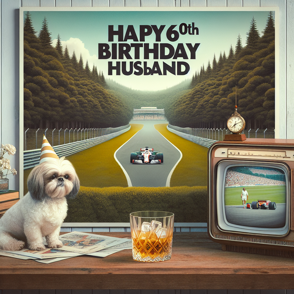 Create a heartwarming image illustrating a 60th birthday celebration for a husband. The central design involves bold text that proclaims 'Happy 60th Birthday Husband', this sits on an evocative backdrop of an F1 racetrack, a subtle nod to the adrenaline-filled world of Formula One racing. Neatly arranged in the scene is a glass of whiskey, its ice cubes shimmering like far-off mountain peaks. The image opens up onto a serene, thickly wooded landscape. A lovely white and beige Shih-Tzu dog, wearing a tiny party hat, is sitting close to an old-fashioned television. The screen shows an ongoing soccer match. The color palette of the scene is predominantly white and beige, giving off a peaceful yet festive atmosphere.
Generated with these themes: Happy 60th Birthday Husband, Formula One, Jameson's Whiskey, Mountains, Woods, White/beige shi-tzhu, Television, and Soccer.
Made with ❤️ by AI.