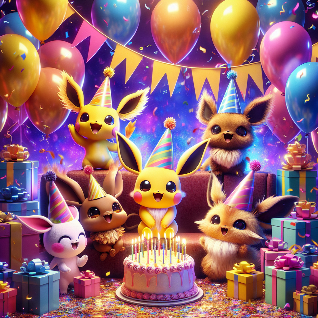 A captivating birthday celebration image showcasing a lively and celebratory background full of brightly colored balloons, a decorative sweet cake with lit candles, and plenty of fluttering confetti. In the heart of the scenario, a collection of adorable, enigmatic mythical creatures, with recognizable attributes similar to a yellow electric creature, a brown, cute mammal-like creature, and a pink, round, singing creature, are seen wearing festive party hats. They jovially express their delight while gathered around a heap of colorfully gift-wrapped boxes.
Generated with these themes: Pokemon.
Made with ❤️ by AI.