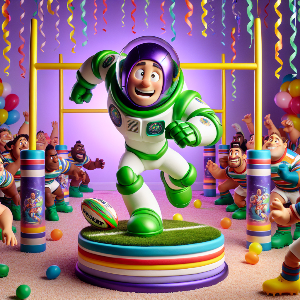 This is a lively birthday setting embodying the spirit of playful competition. The center stage is occupied by a cartoonish character, dressed in a space-themed suit, notable for the bright green and white colors and purple hood. He is in an energetic pose, playfully 'defending' a gaily decorated rugby ball. This character is surrounded by various animated rugby player characters, emphasized by their exaggerated movements and facial expressions that elicit chuckles. They are all set among cartoonish rugby posts, festooned with multicolored streamers and balloons. This amusing sight brings forth the whimsical atmosphere of this light-hearted, birthday celebration tableau.
Generated with these themes: Rugby, Buzz lightyear, and Fighting.
Made with ❤️ by AI.