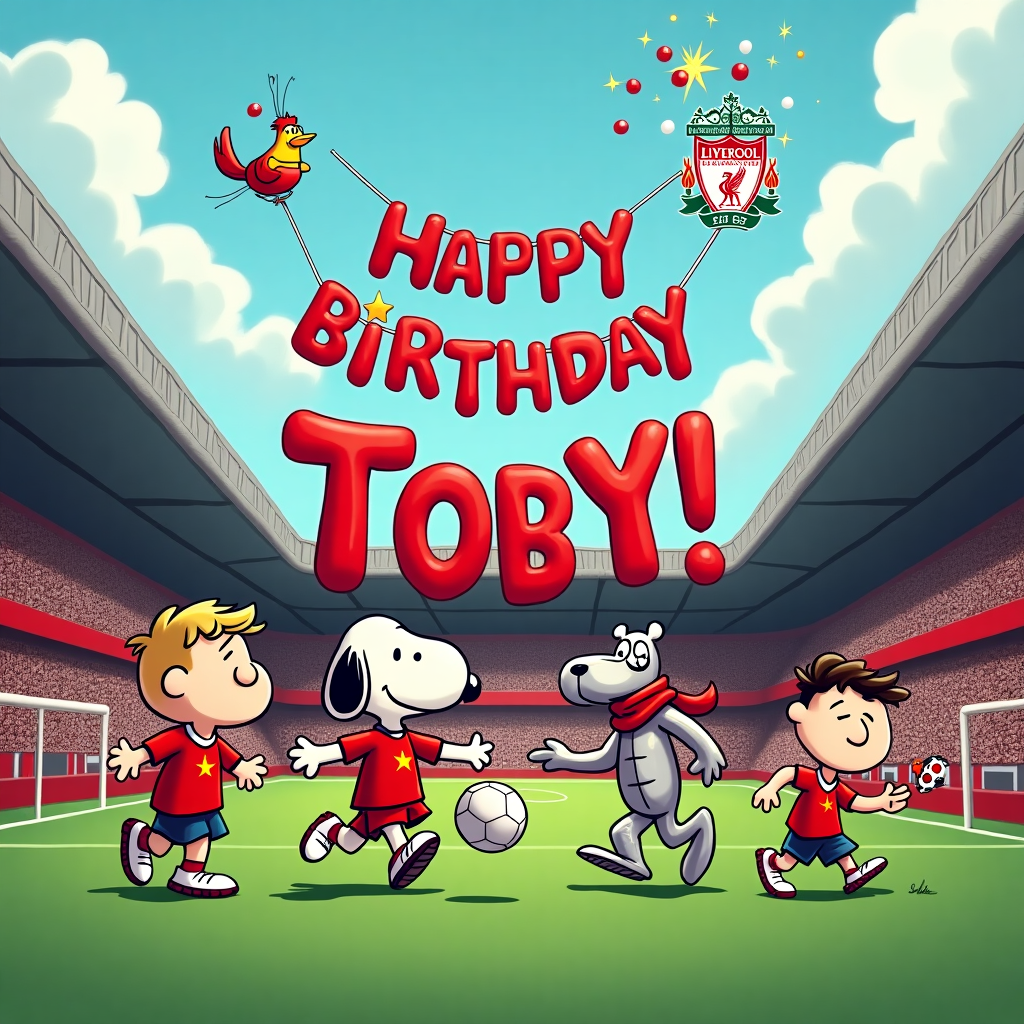 In this playful, cartoon-inspired birthday scene, we find ourselves in the heart of Anfield Stadium, the home of Liverpool Football Club, under a sky as blue as the Mersey River. The field is animated with the team’s iconic red, but with a twist—the players are none other than beloved comic characters in a Liverpool-themed makeover. At the center, Snoopy, donning a Liverpool jersey and captain's armband, skillfully juggles a football, his ears flapping with the exertion. Beside him, Calvin, from Calvin and Hobbes, is mid-laugh, his jersey slightly oversized, giving him a cheeky, carefree look. He's attempting to dribble the ball past a bewildered Astro Boy, who’s wearing a shiny, metallic LFC kit, his robotic eyes wide with determination.

To the right, Tintin, complete with a red scarf and Liverpool jersey, is sprinting toward the goal with Snowy, also in a tiny red jersey, barking excitedly at his heels. In the background, the iconic Shankly Gates are open wide, and from them hangs a giant banner that reads "Happy Birthday, Toby!" in bold, celebratory letters. The letters themselves are made from red and white balloons, mirroring the team's colors, and they gently sway in the gentle Liverpool breeze.

Above the scene, a comical touch: R. Crumb-inspired Liver birds are flapping playfully through the clouds, holding a giant, cartoonish birthday cake with sparklers instead of candles, spelling out "Toby" in icing, visible even from the pitch below. The cake is decorated with tiny footballs and topped with a tiny version of the Liverpool crest. All around, the stadium is dotted with caricature-like fans, including Charlie Brown wearing a comically oversized scarf, cheering and waving miniature Liverpool flags, adding to the festive birthday atmosphere.
Generated with these themes: LIVERPOOL FOOTBALL CLUB .
Made with ❤️ by AI.