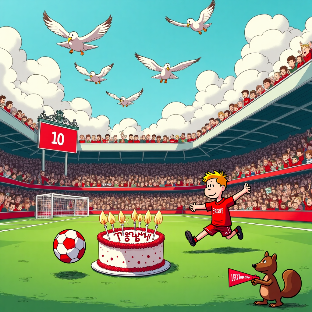 The scene unfolds on a bustling soccer field, vibrantly alive with cartoonish energy in the spirit of Charles Schulz's Peanuts, with a dash of Bill Watterson's playfulness. The field is an animated celebration of a birthday intertwined with a Liverpool FC match, packed with engaging details. In the foreground, the Liverpool FC mascot, Mighty Red, is dribbling an oversized, brightly colored birthday cake instead of a soccer ball. This cake is meticulously decorated in red and white frosting to mimic Liverpool's iconic kit, with miniature player figurines on top. Each player figure is enthusiastically kicking tiny candles which spell out "Happy Birthday, Toby!" in a dazzling display across the frosting.

In the background, the stadium bleachers are packed with cartoon characters cheering wildly, a nod to the exuberant crowd style from Osamu Tezuka's manga panels. Among them, you can spot a handful of characters wearing oversized foam fingers, some reading “YNWA” (You’ll Never Walk Alone), the famous Liverpool anthem.

Above the scene, the sky is filled with a formation of fluffy clouds, gently shaped like footballs. On these clouds, using the curvatures and soft tones, the artist has creatively etched the name "Toby" as if it's being traced by an unseen, whimsical hand. Above this, a group of seagulls, reminiscent of Winsor McCay's meticulous attention to detail, swoops down with tiny banners in their beaks, each with a different humorous message like "Goal!" or "Kick it like Klopp!".

To the right, a scoreboard humorously displays "Toby - 10", making it clear that today's match and celebrations are all about him. The scoreboard is stylized with comic exaggeration, possibly winking at the reader, with a friendly cartoon face. A cheeky squirrel, in the foreground, holds a small red pennant that reads "LFC Forever!", capturing the playful, slightly absurd world of Gary Larson's The Far Side.

This scene is a bustling, vibrant testament to football fanaticism and birthday joy, complete with a hidden nod to the Liverpool community, personalized with Toby’s special day, inviting laughter and celebration.
Generated with these themes: LIVERPOOL FOOTBALL CLUB .
Made with ❤️ by AI.