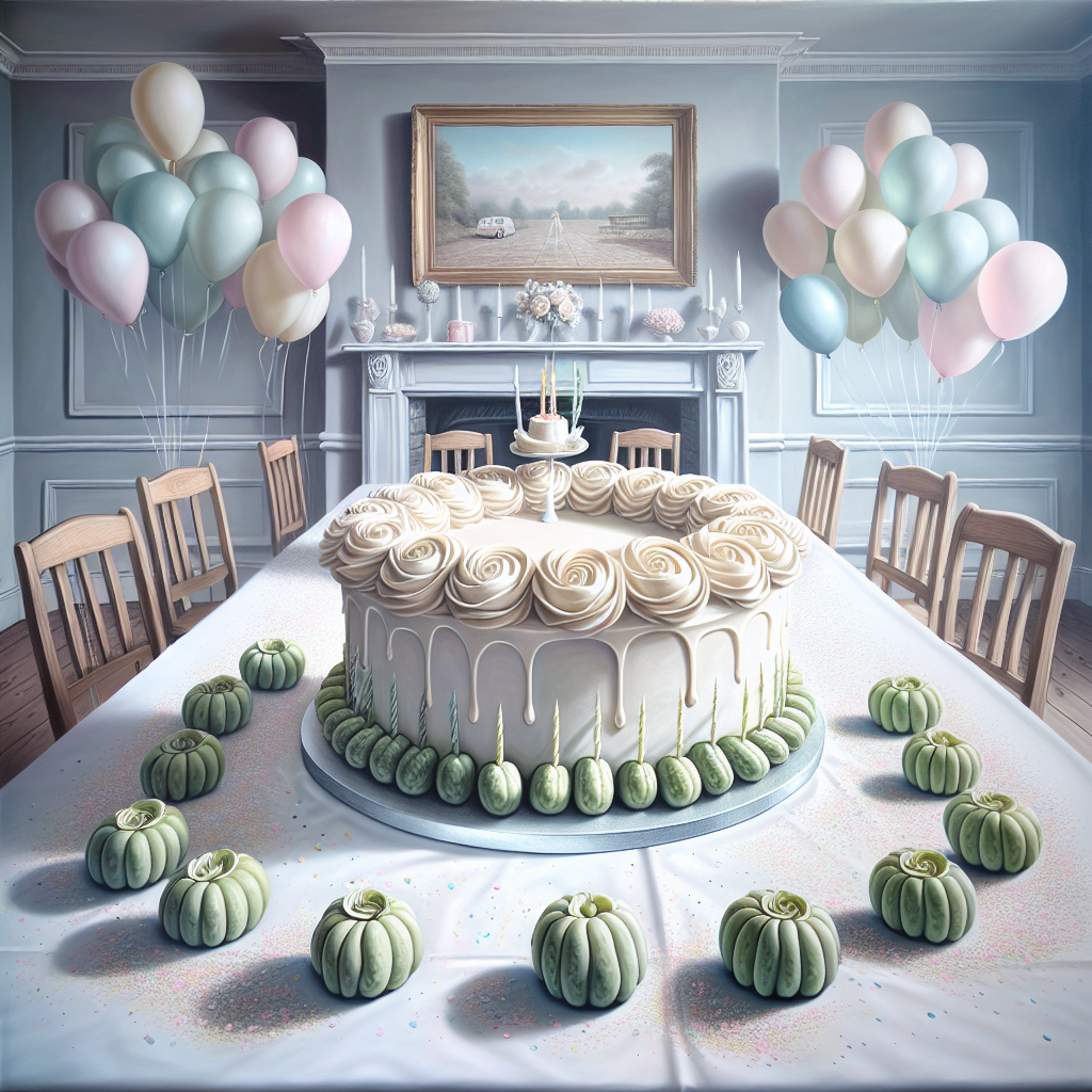 A captivatingly true-to-life painting of a birthday celebration taking place in a homely dining room. The room is embellished with balloons in soft pastel hues and a faint trace of fragile confetti scattered across the immaculate white tablecloth. Taking center stage is a DIY vanilla cake, slathered in smooth buttercream frosting, positioned elegantly. Surrounding the cake, you will see a ring of finely sculpted gherkins crafted into rose shapes, adding a peculiar but charming variation to the conventional birthday arrangement.
Generated with these themes: Gherkins.
Made with ❤️ by AI.
