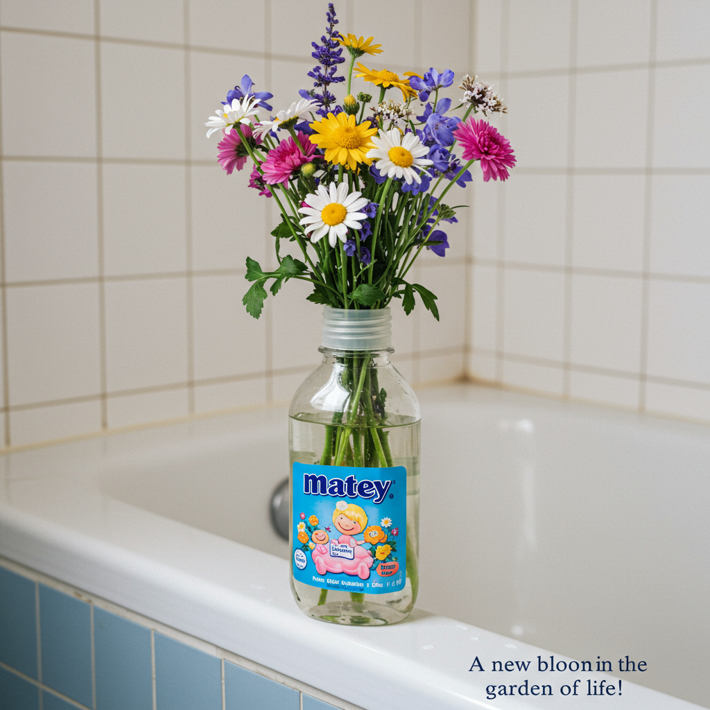 **Image Prompt:**

Capture a delightful scene for a new-baby greeting card. Picture a vintage 1990s Matey bubble bath bottle creatively repurposed as a vase, brimming with a charming assortment of wildflowers. This playful vase rests gracefully on the edge of a bathtub, with a backdrop of classic white and blue tiled walls that evoke a sense of nostalgia. The composition should be ultra-high-definition 4K UHD, with meticulous attention to lifelike textures, accurate lighting, and rich depth of field, ensuring every detail is vividly realistic.

**Text Suggestion:**

Below the image, in a whimsical and gentle font, add the caption: "A new bloom in the garden of life!"
Generated with these themes: .
Made with ❤️ by AI.