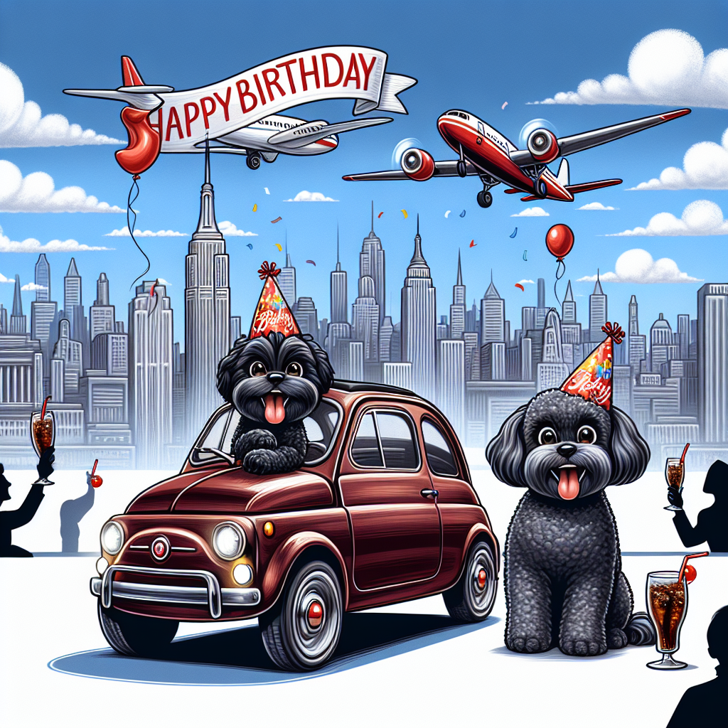 Create a captivating scene with cartoonish elements of a New York skyline. Two elated black dogs - a Cavapoo and a Cockapoo, both sporting festive birthday hats and engaged in playful antics. Above, animated planes gracefully soar in the sky, trailing banners expressing celebration. In this charming setting, is the sight of a sleek, dark red, vintage Fiat 500 automobile parked prominently. This car grabs the attention of observers nearby, who are intensely admiring it. The ebullient guests interact jovially, raising their glasses filled with Diet Coke in a cheerful toast, basking in the festive urban atmosphere.
Generated with these themes: Black cavapoo, Black cockappo, Planes, New York , Dark red Pink fiat 500, and Diet Coke .
Made with ❤️ by AI.