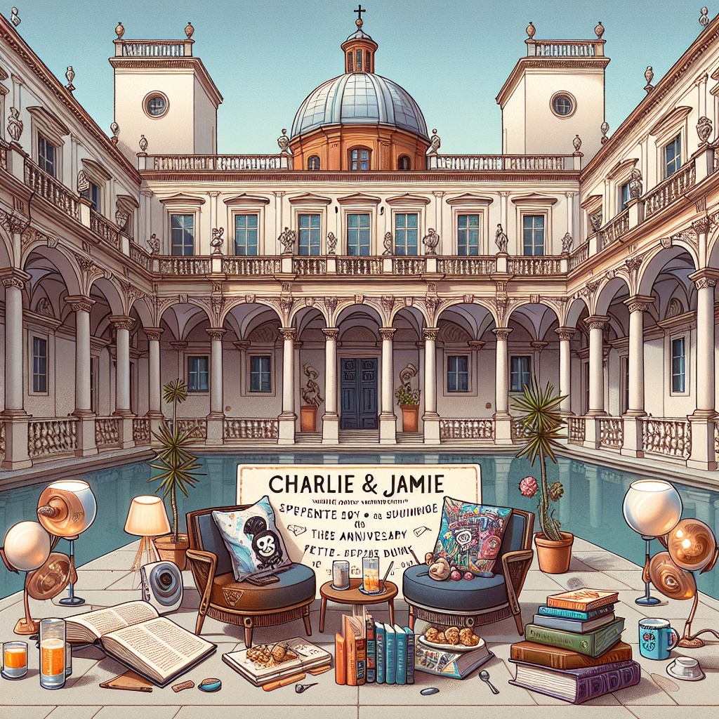 Charlie and Jamie, a diverse couple without specifying the gender or descent, are celebrating their anniversary in a serene courtyard marked by Renaissance architecture. Symmetrical facades and ornate balustrades encase a comfy corner brimming with their favorite books, adding a personal touch to the surroundings. Hints of their punk personality shine through with vibrant graffiti accents adorning parchment place cards. Soft punk music gently fills the air, while elements corresponding to their shared pastimes subtly intersperse the scene, contributing to a captivating and authentic tribute to their everlasting bond.
Generated with these themes: Charlie & Jamie , Renaissance Architecture, Books, and Punk.
Made with ❤️ by AI.