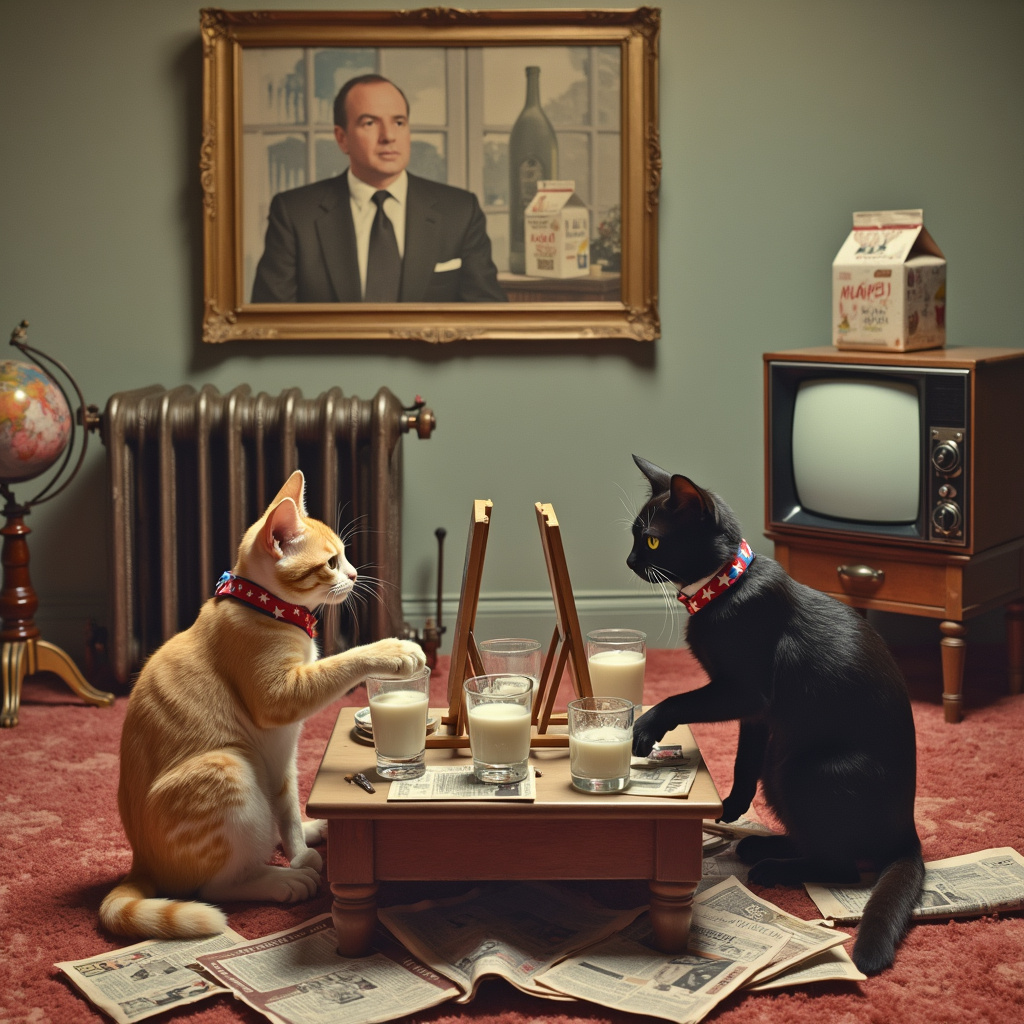 Picture this: In the center of the card, a classic Cold War-era living room with shaggy carpet, a vintage TV set with rabbit-ear antennas, and heavy floral-patterned curtains. On the TV, a grainy black-and-white broadcast of a news anchor in a suit discusses the latest "milk race" between the USA and the USSR. 

Dominating the scene are two cats: one with a red collar and a white star (obviously a Soviet feline), and the other with a blue collar adorned with white stars (the American contender). They are sitting on opposite ends of a coffee table, each strategically positioned in front of a small glass of milk. 

The Soviet cat, a plump tabby with an air of arrogance, is sitting upright, one paw raised in a saluting gesture. The American cat, a sleek black-and-white tuxedo, is hunched over with narrowed eyes, wearing a tiny artist's beret and clutching a miniature paintbrush. Scattered on the table between them are tiny easels and canvas boards with half-finished portraits of each other. Milk splatters decorate the canvases, making it clear that this is a tense artistic showdown.

Above the table, hanging on the wall, is a large abstract painting featuring a milk carton split in two, symbolizing the milk division between the East and West. Below the painting, an old-fashioned radiator pipes out a visible wave of heat, suggesting the warmth inside contrasts sharply with the cold ideological battle being fought.

In the corner of the room, next to the TV, stands a globe with a milk bottle on top, a subtle nod to the nuclear arms race turned dairy duel. On the floor, near the coffee table, lies a scattered stack of newspapers with headlines like "Milk Mayhem!" and "The Great Cat Art Off Continues!"

The intricate details of this scene blend the whimsicality of cats with the high stakes of Cold War tension, humorously presented through the universal love of milk and the fine art rivalry.
Generated with these themes: Cats, Milk, Art, and The cold war.
Made with ❤️ by AI.