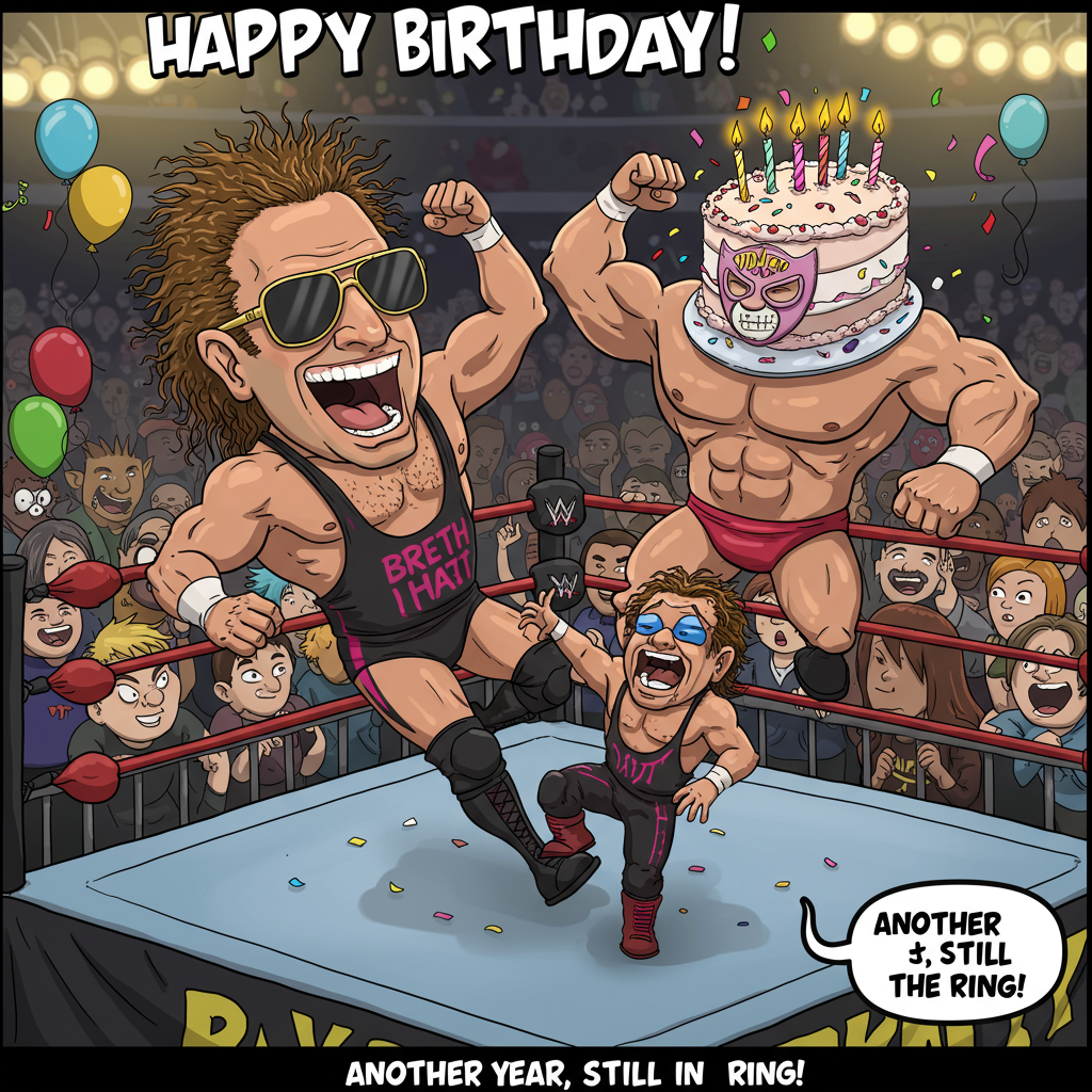 At the top of the Cartoon Style image, include the text: "Happy Birthday".

---

**Image Prompt:**

In a vibrant, cartoon wrestling ring, Breth Hart, depicted with exaggerated features like oversized sunglasses, wild hair, and a huge grin, is in the middle of a playful wrestling match. His opponent is a giant, anthropomorphic birthday cake with muscular arms, wearing a tiny wrestler's mask. The cake is attempting a hilarious wrestling move called the "Frosting Slam." Around them, a cheering crowd of cartoon characters, including balloons with faces and confetti, are watching excitedly. In the bottom corner, a cheeky caption reads: "Another year, still in the ring!"
Generated with these themes: Wrestling, WWE, Breth Hart, and .
Made with ❤️ by AI.