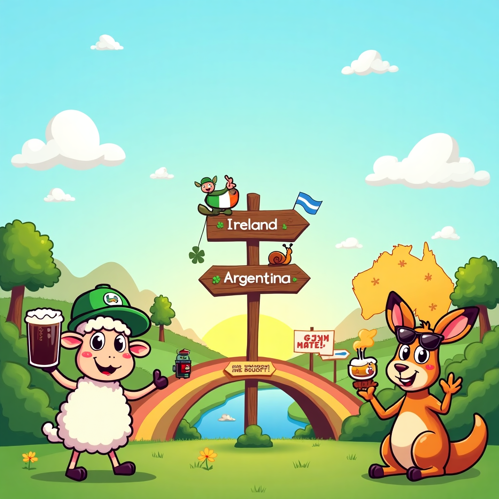 At the top of the cartoon image, “Have an O’zzie Adventure, Sebastian!”

A cheerful, colourful cartoon scene. On the left, a happy sheep wearing a green flat cap raises a pint of Guinness in front of a lush, rolling green Irish countryside, with a cartoon map of Ireland peeking from behind it and a fluttering Irish flag. The sheep is tearfully waving goodbye.

In the centre stands a wooden signpost pointing in three directions: "Ireland" with a little shamrock, "Argentina" with a tango shoe hanging off the edge, and "Australia" with a kangaroo silhouette on it. A little snail with an "I'm off!" flag is slowly heading towards the Australia arrow.

On the right, a friendly cartoon kangaroo with sunglasses and a stubby in hand welcomes the sheep across a rainbow bridge that stretches from the Irish countryside to the golden Aussie outback. Behind the kangaroo, a bright map of Australia and the Aussie flag are displayed with gum trees, a barbecue, and a "G’day Mate!" banner.

The background shows a blue sky fading into sunset with doodle-style clouds in the shapes of clovers and stars. All elements have big, expressive eyes and happy, waving gestures to enhance the cuteness and farewell vibe.
Generated with these themes: Leaving Ireland, Irish map, Irish flag, Moving to Australia, Australian map, Australian flag, Drinking Guinness beer, Signpost with Ireland, Argentina and Australia, Farewell, Sheep, and Kangaroo.
Made with ❤️ by AI.