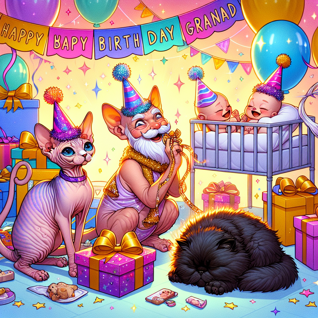undefined
Generated with these themes: 2 Sphynx cats, one lilac and one chocolate point with a flash, A black fluffy cat, A new born baby girl with black hair, and Happy Birthday Grandad.
Made with ❤️ by AI.