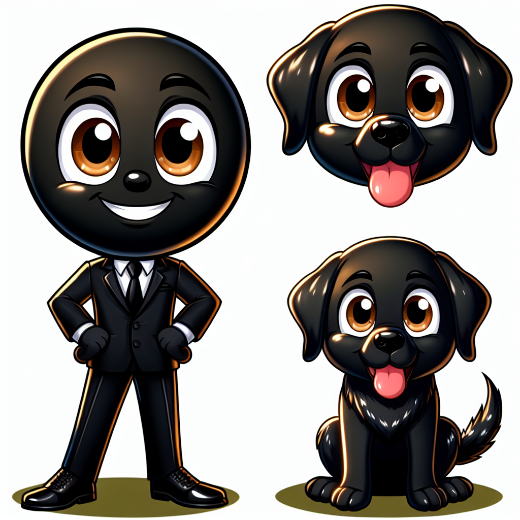Create an enchanting cartoon image featuring an undefined character oozing with adorability. This character is depicted in the company of an adult Labrador Retriever, who is boasting a shiny black coat. This Labrador's captivating warm brown eyes are brimming with exhilaration as it faithfully stands adjacent to its whimsical yet indescribable buddy.
.
Made with ❤️ by AI.