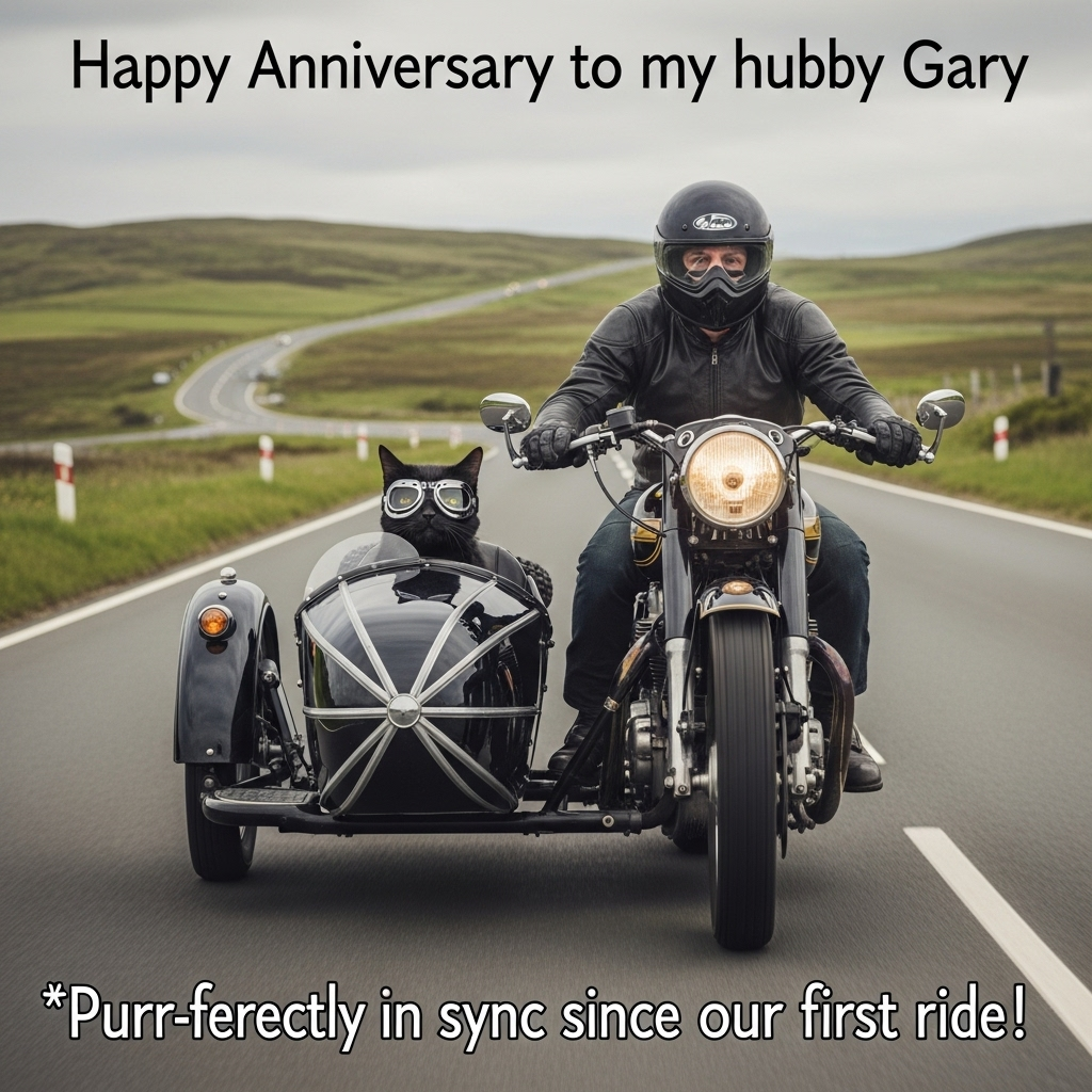 At the top of the Photorealistic picture taken from a camera image, the text reads: **Happy Anniversary to my hubby Gary**

---

### Image Description:

In this ultra-high-definition 4K UHD photograph, we have a humorous scene perfect for an anniversary card. The image captures a black cat, wearing tiny motorbike goggles, confidently sitting in the sidecar of a classic, gleaming motorbike. The motorbike is revving up on the iconic Isle of Man TT racecourse. The backdrop features the picturesque scenery of rolling hills and the winding road, giving an authentic TT racing vibe.

The cat, with a mischievous expression, seems to be playfully in charge of this thrilling adventure, while the motorbike, in perfect detail, shines under the daylight, showcasing its chrome accents and the reflections of the road and nature around it. This amusing contrast between the serious setting of a motorbike race and the cheeky, cool cat sidekick adds a delightful charm.

In the bottom right corner of the image, there’s a cheeky caption: "Purr-fectly in sync since our first ride!"
Generated with these themes: Motorbikes, Black Cat, Isle of Man TT , and .
Made with ❤️ by AI.