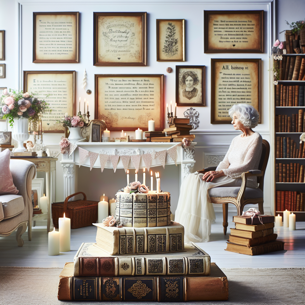 Create an image of a sophisticated and charming birthday celebration taking place in a quaint living room. The room is adorned with delicate, literary-themed decorations and piles of classic books are artfully arranged for a thematic display. The walls are beautifully decked with framed quotes from an elderly woman's favorite novels. A centerpiece of the event is an antique tome-styled birthday cake, exuding an air of elegance, matching the feminine touch of the ambience and serving as a tribute to the birthday woman's golden years of graceful bibliophilia.
Generated with these themes: Bookworm, Older, 65, and Female .
Made with ❤️ by AI.