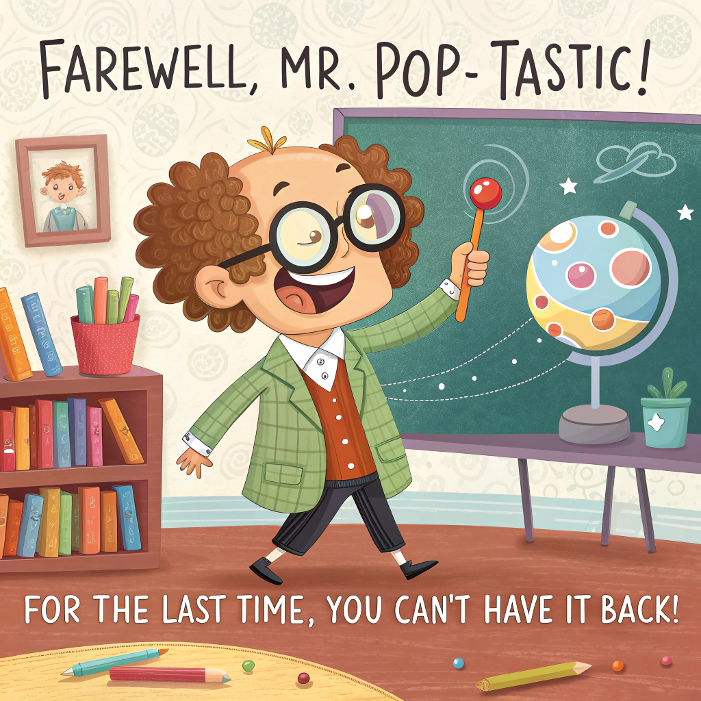 At the top of the image, "Farewell, Mr. Pop-tastic!" 

At the bottom of the image, "For the last time, you can't have it back!" 

- Illustrate a whimsical cartoon scene with a cheerful teacher, with exaggerated round glasses and an oversized grin, holding a pin in one hand as they mischievously pop a child's ball. The child, with wide eyes and a playful pout, stands with arms crossed in a playful stance, surrounded by a colorful classroom setting with books, crayons, and a chalkboard full of doodles in the background.
Generated with these themes: Please can you create a sorry your leaving card with a picture of a teacher popping a childs ball saying "for the last time you cant have it back", and .
Made with ❤️ by AI.