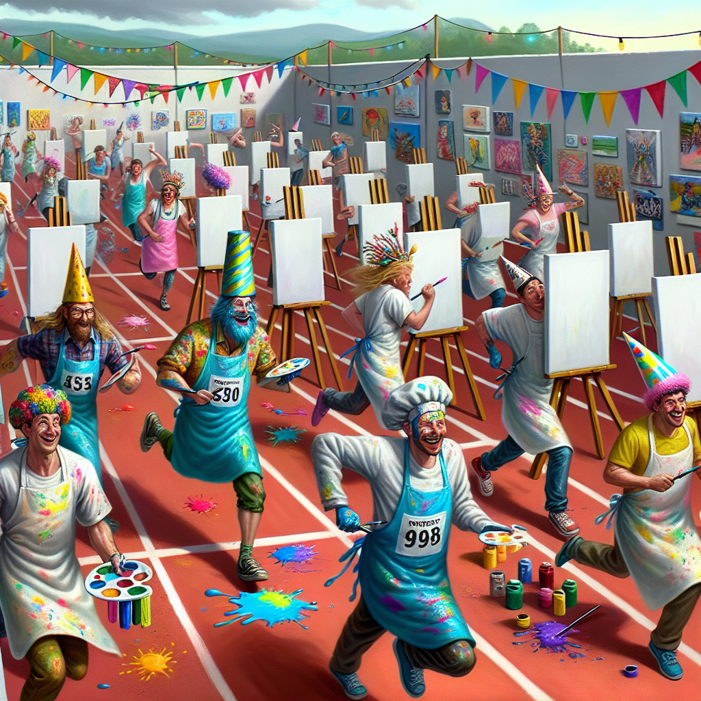 Depict a festive, funny scene playing out at a birthday party marked by a unique 'running of the arts' competition. Throughout a makeshift track, canvas and paint stations are strategically placed, where participants of mixed genders and varied descents hurry from one to the next, swiftly contributing features to their evolving artworks. The air is filled with joyous laughter, resonating from individuals dressed in paint-smeared birthday hats and oversized smocks of different colors. At the end of the track is the finish line, where an amusing array of quickly completed art pieces are displayed, each bearing witness to the exhilarating, mirth-filled race.
Generated with these themes: Running, art.
Made with ❤️ by AI.