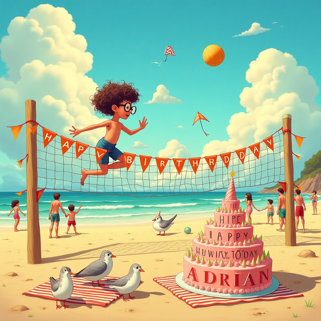 The scene captures a vibrant, whimsical beach setting where Adrian is at the heart of a lively birthday celebration. Imagine a picturesque shoreline inspired by a blend of Norman Rockwell's storytelling charm and Quentin Blake's playful lines. Adrian, a lanky figure with curly hair and wearing oversized glasses that catch the sun, is mid-jump in a friendly volleyball game. The volleyball net is festooned with colorful flags that flap in the sea breeze, with each flag spelling out a letter in "HAPPY BIRTHDAY ADRIAN!" in a playful Beardsley-esque typeface.

In the foreground, a large sandcastle with turrets and flags is being built by a group of mischievous seagulls, each one wearing tiny party hats—an echo of Edward Gorey's humor. Nearby, a round cake perched on a striped picnic blanket has a seagull cheekily sneaking a taste, while the frosting spells out "Adrian" in cheerful pink icing, mimicking the swirls of the waves behind it.

The beach is dotted with friends and family who pause in their activities—flying kites or playing Frisbee—to join in the chant of "Happy Birthday." Some are holding up colorful, oversized signs with individually painted letters that form the birthday message, reminiscent of Beatrix Potter's charming attention to detail.

In the sky above, fluffy clouds take on imaginative shapes, forming a whimsical parade of mythical creatures like those of Maurice Sendak. Amongst them, a giant fluffy "A" seems to float, part of the cloudy celebration. The scene is suffused with warm pastel hues inspired by Maxfield Parrish, capturing the golden light of a late afternoon sun, casting long shadows that dance across the sand.

The overall composition is lively and detailed, each element combining to create a narrative that sings with birthday joy and celebrates Adrian in a uniquely visual storytelling style.
Generated with these themes: Adrian is wearing glasses , playing volleyball , everybody say happy birthday to him.
Made with ❤️ by AI.