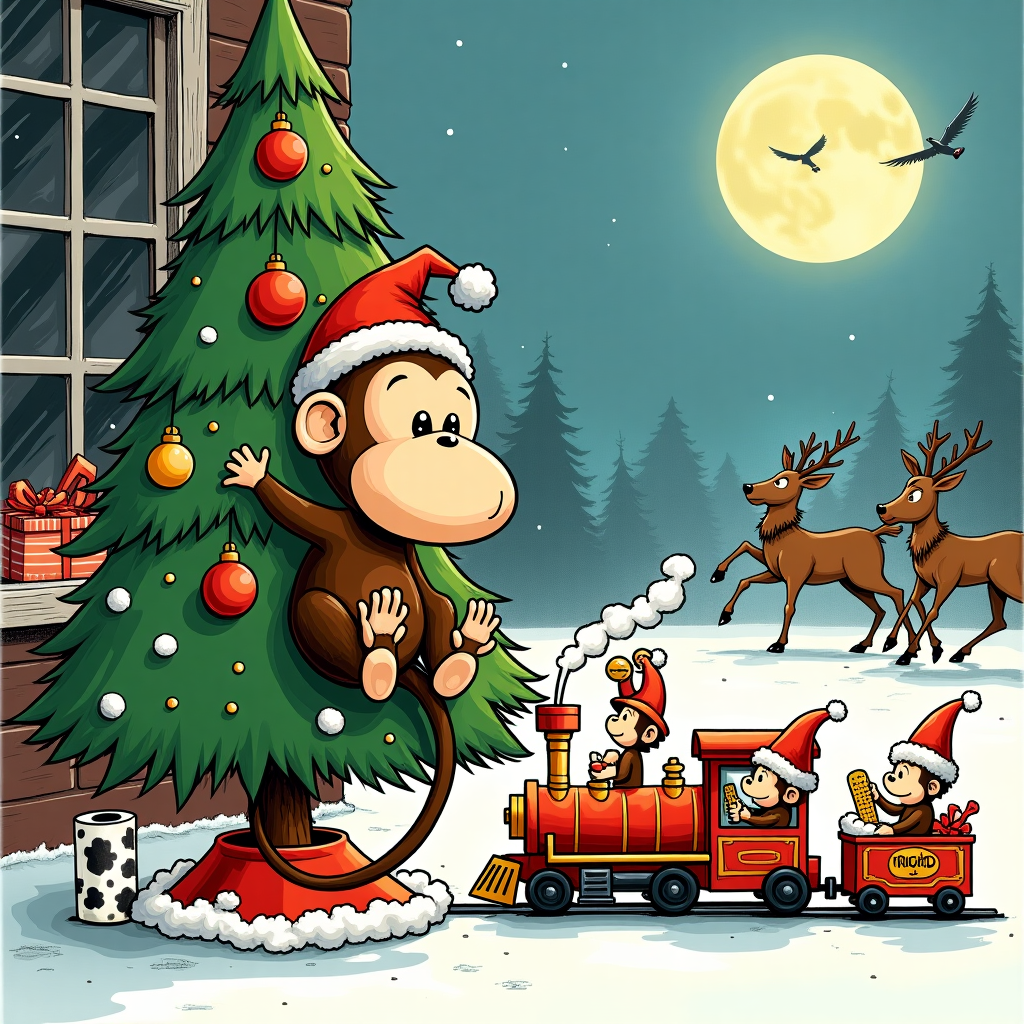 In the foreground of the card, imagine a whimsical cartoon-style scene where a cheeky Christmas monkey is at the heart of the holiday hilarity. The monkey, sporting a comically oversized Santa hat that droops over one eye, is playfully dangling from a brightly decorated Christmas tree. The tree is laden with ornaments that seem a bit too quirky, such as banana-shaped baubles and miniature stockings filled with peanuts, nodding to Charles Schulz's playful spirit. This cheeky primate is using its tail to skillfully hang candy canes, channeling a sense of mischievous dexterity reminiscent of R. Crumb's playful characters. 

Below the tree, a tiny, vintage toy train chugs around the base, puffing out little clouds of "snow" made from cotton, giving a nod to Winsor McCay's fantastical landscapes. Among the train's passengers are miniature elves, each with exaggerated, cartoonish expressions reminiscent of Walt Disney's classic characters, busy unloading presents that are humorously mismatched, like a tennis racket paired with a tutu. 

In the background, through a frosted window, the silhouettes of a group of reindeer playing a game of reindeer soccer in the snow can be seen, drawing inspiration from the absurdity and wit of Gary Larson's The Far Side. The sky is peppered with twinkling stars and a moon that's been cheekily reimagined as a giant cheese wheel, a playful nod to Art Spiegelman's unconventional storytelling.

This festive tableau is framed with comic-style panels, à la Bill Watterson's Calvin and Hobbes, capturing each element of the monkey's chaotic holiday antics, and bringing the whole story together with a sense of nostalgic whimsy and contemporary humor.
Generated with these themes: christmas monkey.
Made with ❤️ by AI.