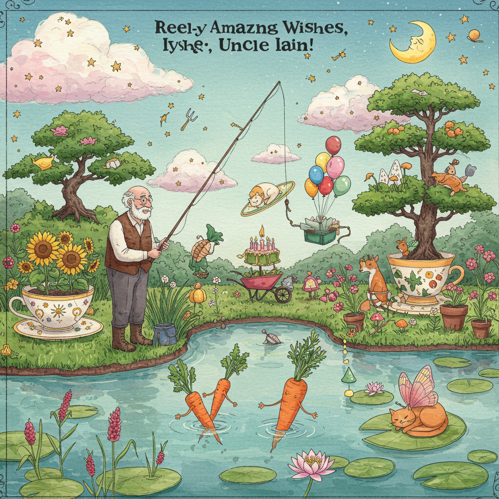 **Prompt:**  
At the top of the illustration image: *Reel-y Amazing Birthday Wishes, Uncle Iain!*

Create a surreal, whimsical illustration in a painterly, hand-drawn style. In the scene, an elderly man with white hair and a short white beard (Uncle Iain) is standing at the edge of a tiny pond suspended in mid-air above a giant floating teacup. He is fishing — but instead of catching fish, he’s pulling vibrant garden elements from the water: sunflowers bloom as they break the surface, vines unfurl into topiary flamingos midair, and carrots with party hats dance as they’re reeled in. Behind him, the landscape blends into an otherworldly floating garden, with bonsai trees growing out of open books, wheelbarrows floating by with balloons tied to them, and birthday candles sprouting like mushrooms. A faint, surreal sky melts from cotton candy clouds into watercolor constellations shaped like gardening tools and fish. A content cat with butterfly wings naps on a lily pad orbiting a moon-shaped flowerpot.
Generated with these themes: Man with white hair and short white beard fishing and creating amazing garden.
Made with ❤️ by AI.