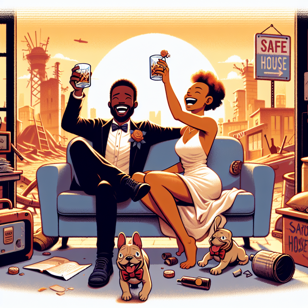 Illustrate a lighthearted depiction of a couple's 1st wedding anniversary. The couple, a Black man and a Caucasian woman, are toasting with whiskey glasses in a warm, post-apocalyptic setting that seems like it could come from a classic video game. They are comfortably reclining on a safe-house sofa as they laugh and celebrate. Running around their feet, two French bulldogs with little bowties add a dash of playful charm to the scene. Through its endearing quirks and joyful spirit, the image represents the couple's shared adventures and laughter-filled first year of marriage.
Generated with these themes: Fallout video game, Drinking whiskey, 1st wedding anniversary, and French bulldogs.
Made with ❤️ by AI.