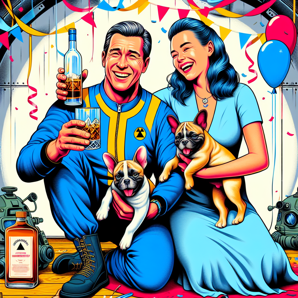 Vibrant illustration captures the joyful celebration of a couple's first wedding anniversary. The man, attired in a blue jumpsuit, evokes impressions of a video game enthusiast and enjoys a glass of excellent whiskey. His laughing partner, a woman, gently holds two lively French bulldogs. They are both situated in a lighthearted fallout shelter festooned with streamers and balloons, subtly referencing their mutual passion for gaming and the important milestone they are acknowledging.
Generated with these themes: Fallout video game, Drinking whiskey, 1st wedding anniversary, and French bulldogs.
Made with ❤️ by AI.