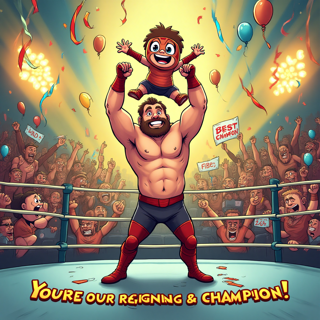 At the top of the Cartoon Style image, add the text: "To the man who taught us to never tap out… You’ve always been the main event in our life."

**Image Description:**

Create a playful and vibrant cartoon scene depicting a father and child duo in a wrestling ring. The father, with a superhero-like physique and a big smile, is playfully lifting the child above his head in a classic wrestling pose. The child, wearing a miniature wrestling costume and mask, is giggling with arms outstretched like they’re flying. Around them, the wrestling ring is decorated with colorful streamers and balloons, emphasizing the celebration. In the background, exaggerated cartoon audience members are cheering wildly, with big foam fingers and signs saying "Dad is #1!" and "Best Tag Team!". The colors are bold and bright, and the outlines are thick, giving it an energetic and fun vibe. At the bottom, in playful letters, add: "You're our reigning champion!"
Generated with these themes: Wwe wrestling , and .
Made with ❤️ by AI.