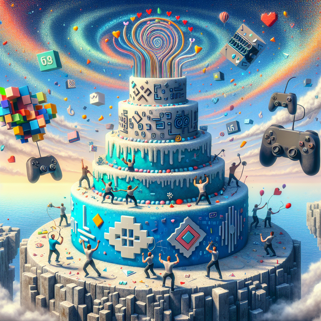 Against a surreal background where the sky and the ocean merge into a seamless dreamscape, a massive birthday cake defies the laws of gravity. The cake's layers are decorated with symbols iconic of beloved abstract animation and fantastical video game universes. Swirls of digital binary code spiral around the cake, capturing the essence of technology and computers. Within the fantastical setting, animated male characters of diverse ethnicities, including Caucasian, Hispanic, and Black, are engaged in a perpetual state of friendly competition, using game controllers. A celebratory shower of pixelated hearts and stars, resembling confetti, descends slowly, enhancing the festive atmosphere.
Generated with these themes: Anime, Computer gaming , and Male .
Made with ❤️ by AI.