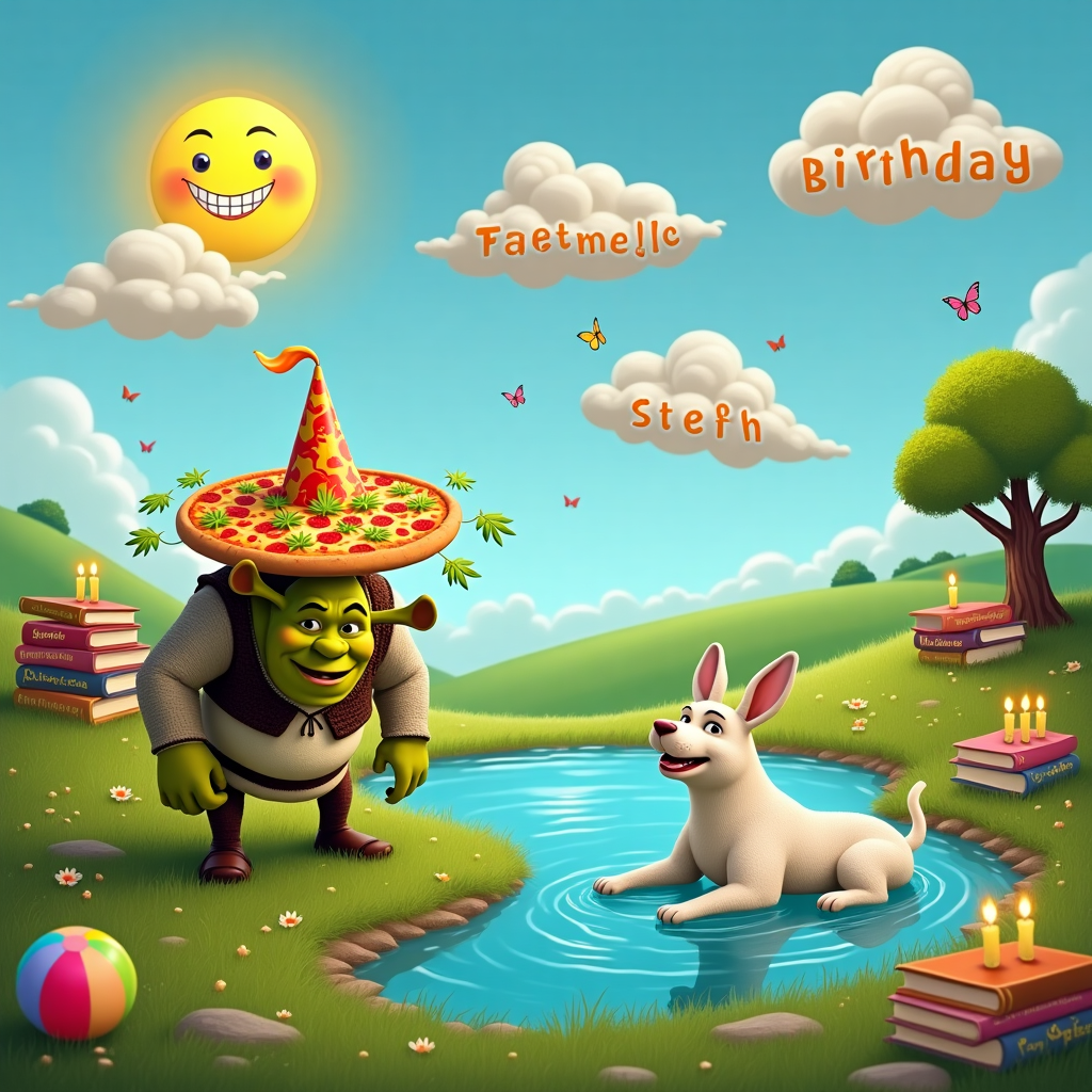 The scene is set in a whimsical, vibrant meadow with a sparkling, crystal-clear pond, reminiscent of a fairytale landscape. In the foreground, Shrek and Donkey are at the center of the action. Shrek is sporting a bright, colorful party hat, while Donkey wears a comically oversized chef's hat as he triumphantly balances a delicious, cheesy pizza on his back. The pizza is adorned with bright, colorful toppings, including a sprinkle of animated green leaves that playfully suggest marijuana. Beside them, a Great Pyrenees dog with a fluffy white coat lounges on the grass, half submerged in the pond, paddling happily and causing gentle ripples in the water. Surrounding them are piles of books with whimsical titles such as "Fairytale Cooking" and "The Adventures of Swamp Living." 

In the background, a series of cartoon clouds are floating across a clear blue sky, each cloud subtly forming letters that spell out "Happy Birthday Steph." Above the meadow, a giant sun with a cheeky grin casts warm, golden rays over the scene. On the left, a colorful beach ball bounces along the water's edge, while on the right, a small, magical tree is decked out with glowing candles, similar to those found on a birthday cake, casting a soft, festive glow. The landscape is peppered with bright, cheerful wildflowers and fluttering butterflies, adding to the playful, celebratory atmosphere.
Generated with these themes: Shrek and donkey, Pizza, Books, Great Pyrenees, Swimming , and Marijuana.
Made with ❤️ by AI.