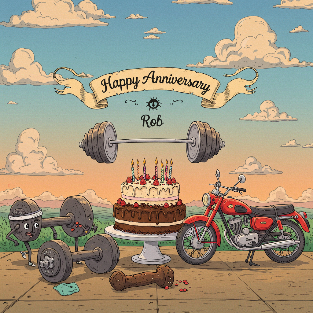 In this quirky and detailed anniversary greeting card illustration, the scene unfolds with a lively mix of gym elements and motorbikes, capturing the celebratory spirit with a whimsical twist.

**Foreground**: 
- **Gym Equipment**: In the foreground, a pair of anthropomorphic dumbbells, detailed with intricate baroque-like patterns reminiscent of Aubrey Beardsley's style, are engaged in a playful conversation. Each dumbbell sports a tiny face, complete with expressive eyes and exaggerated features. One is wearing a headband while the other sports a miniature sweatband on its handle.
  
- **Motorbike**: Beside them, a retro-styled motorbike, akin to the sleek designs of the mid-20th century, leans casually. The motorbike is painted in vibrant shades of metallic red and chrome, with delicate swirls and flourishes nodding to Arthur Rackham’s intricate detailing.

**Midground**:
- **Banner**: Suspended in the air is a celebratory banner, flowing gracefully with the words "Happy Anniversary" in an elegant script. Just beneath this text, in a quirky twist, the name "Rob" is creatively woven into the design, perhaps camouflaged within the swirling patterns of the banner itself.

- **Barbell Cake**: Centered in the scene is a towering cake designed like a barbell. The 'weights' are tiers of rich chocolate and vanilla, with colorful sprinkles cascading down the sides. The bar connecting them is a sculpted piece of white chocolate, adding a touch of whimsy and creativity.

**Background**:
- **Sky**: The sky is painted in a gradient reminiscent of Maxfield Parrish's signature style, transitioning from deep azure at the top to a soft, warm peach near the horizon. Delicate wisps of clouds curl around, almost forming hidden shapes and figures if one looks closely enough.

- **Landscape**: The background landscape features rolling hills with a hint of Beatrix Potter's charm, where tiny rabbits or whimsical creatures peek curiously at the festivities. The lush greens are interspersed with vibrant wildflowers, adding pops of color throughout the scene.

Overall, this illustration brings together the rich storytelling detail of Maurice Sendak and the playful expressiveness of Quentin Blake, creating a dynamic and engaging scene that captures the unique blend of gym culture and motorbikes in celebration of an anniversary.
Generated with these themes: Gym, Motorbikes, and .
Made with ❤️ by AI.