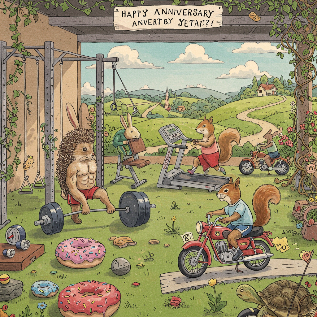 The front cover of the anniversary greeting card features a whimsical, hand-drawn illustration that blends the quirky style of Quentin Blake with the intricate detail reminiscent of Aubrey Beardsley. 

**Central Scene:** 

1. **Foreground:** 
   - In the center, a quirky yet detailed illustration of a gym scene, where anthropomorphic animals are lifting weights. A muscular rabbit is deadlifting a barbell, with a hedgehog spotting him. The weights are made of oversized, colorful donuts.
   - To the right, a determined squirrel is running on a treadmill, its little feet moving swiftly on the conveyer belt that humorously spills into a mini track where a tiny turtle rides a miniature motorbike, its shell decorated with racing stripes.

2. **Motorbike Detail:** 
   - The turtle's motorbike is illustrated with the meticulous detail of a vintage bike, with a glossy red paint job and chrome accents. On the gas tank, a small banner with the name "Rob" is creatively painted in elegant, swirling letters.

**Background:**

1. **Left Background:**
   - An open-air gym that humorously extends into a sunny, picturesque landscape. The equipment is draped in ivy and vines, reminiscent of a Beatrix Potter scene, with nature subtly reclaiming the space.

2. **Right Background:**
   - A winding road meanders into a distant horizon, bordered by quaint picket fences and flowering shrubs, leading to an idyllic cottage. The road is subtly integrated into the gym, creating a seamless blend between workout and leisure.

**Color Scheme:**

- The color palette is vibrant yet pastel, inspired by Maxfield Parrish's use of soft, luminous hues. The sky is a rich periwinkle with cotton candy clouds, while the grass is a lush, inviting green.
- Equipment and motorbikes feature splashes of bold, primary colors—red, blue, and yellow—adding a playful touch to the scene.

**Additional Elements:**

- Floating above the gym, a blimp-shaped cloud carries a banner trailing behind it, with the words "Happy Anniversary" artfully etched in a stylized script, echoing Edward Gorey's distinctive typography.
- Interspersed in the foliage are hidden, illustrated easter eggs—a tiny dinosaur in a shrub, a miniature dragon peeking from behind a tree—channeling Maurice Sendak’s playful imagination.

This illustration is a joyful, imaginative blend of gym enthusiasm and motorbike adventure, captured in a scene that celebrates the unique and playful bond of an anniversary.
Generated with these themes: Gym, Motorbikes, and .
Made with ❤️ by AI.