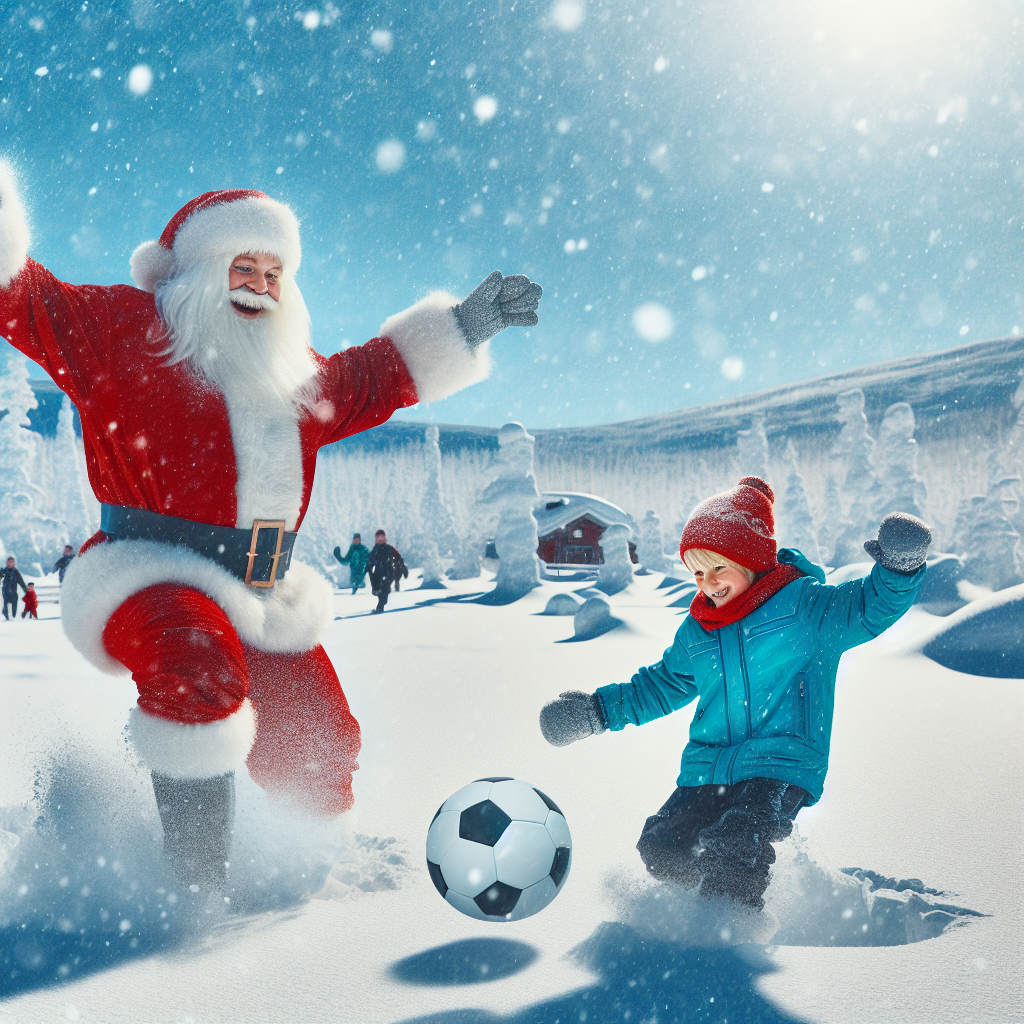 A charming Christmas-themed illustration depicts Santa Claus joyfully playing soccer with a blonde boy amidst the snowy backdrop of Lapland. The crisp white snow contrasts the vibrant colors of Santa's red suit and the boy's winter attire, infusing the scene with a cheerful holiday spirit.
Generated with these themes: santa playing soccer against a blonde boy in lapland.
Made with ❤️ by AI.