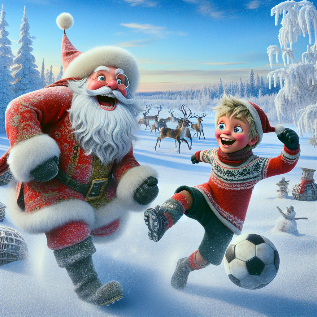 The scene is set in wintery Lapland, where an endearing illustration captures the essence of Christmas with Santa Claus engaged in a friendly soccer match against a blonde boy. Both characters are illustrated with exaggerated smiles, encapsulating the joy of the holiday season.
Generated with these themes: santa playing soccer against a blonde boy in lapland.
Made with ❤️ by AI.