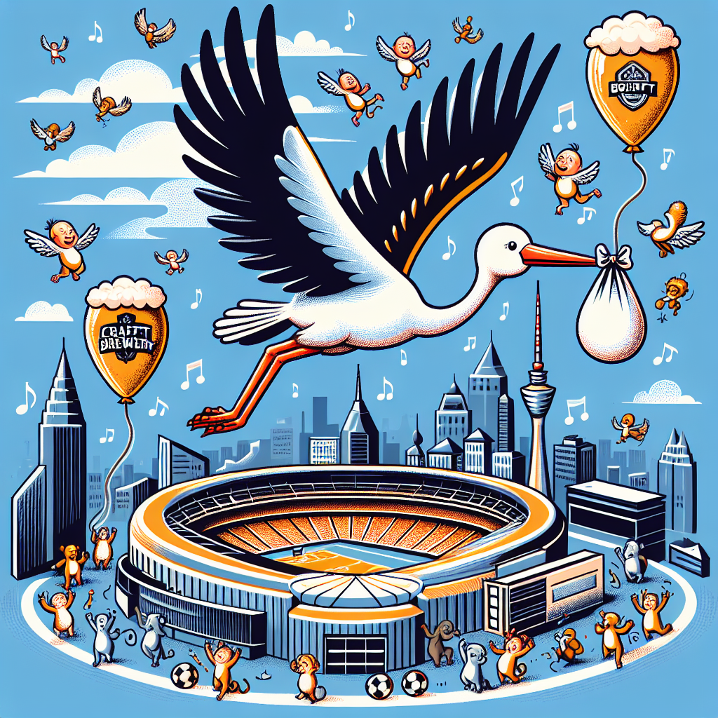 A whimsical vector illustration of a stork gracefully flying over an iconic football stadium, carrying a bundle in its beak that represents a new baby. The skyline is adorned with floating balloons bearing the logo of a fictional brewery. Below, a choir of playful, animated animals cheerfully sings a lullaby, excitingly welcoming the newborn. Elements of football and craft beer are creatively woven into this scene, adding a unique flare and offering a nod to the passions of the parents.
Generated with these themes: Chelsea FC, Beavertown , and Singing.
Made with ❤️ by AI.