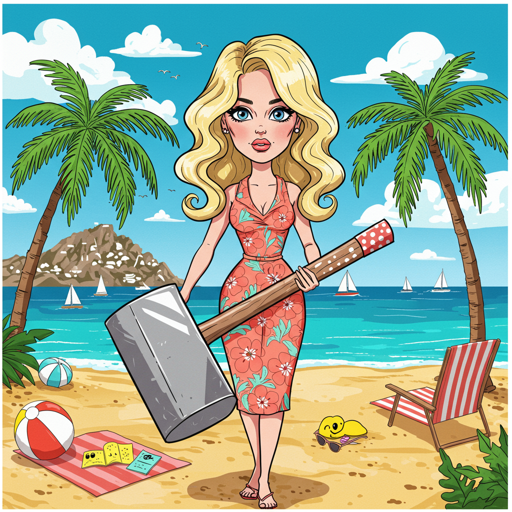 The front cover of the Mother's Day greeting card showcases a humorous and vibrant cartoon scene set against the picturesque backdrop of Ibiza. At the center of the illustration is a glamorous blonde lady with voluminous, perfectly curled hair cascading down her shoulders, and striking blue eyes that pop with intensity. She stands confidently on a sun-drenched beach, with sparkling turquoise waves lapping at the shore behind her.

In her hands, she holds a comically oversized hammer, its polished metallic surface glinting in the bright sunlight. The hammer's handle is whimsically adorned with pink polka dots, adding a playful touch to the powerful tool. Her attire is as lively as the scene around her—a fitted, retro-style sundress in vibrant hues of coral and aqua, reminiscent of 1960s fashion, covered in bold floral patterns that echo the tropical flora of Ibiza.

Surrounding her, the Ibiza beach is depicted in cartoonish detail, reminiscent of Charles Schulz's simplistic yet expressive lines and Gary Larson's surreal touches. A couple of exaggeratedly tall palm trees with wide, fan-like leaves stand to her side, their trunks curved as if dancing in the ocean breeze. The sandy beach is dotted with quirky details: a bright yellow beach ball with a smiley face, a striped towel sprawled out with an open comic book, and a pair of oversized sunglasses perched on the sand.

In the background, cartoon-style luxury yachts drift lazily in the distance on the shimmering sea, their sails adorned with playful, exaggerated patterns inspired by Osamu Tezuka's bold lines. Above, the sky is a brilliant azure, speckled with fluffy clouds that are whimsically shaped like hearts and stars, a subtle nod to the playful elegance of Bill Watterson's imaginative landscapes.

This Mother's Day card front cover bursts with color and eccentricity, offering a playful, artistic homage to the spirit of adventure and glamour, perfect for the whimsical celebration of mothers everywhere.
Generated with these themes: Glamorous blonde lady with blue eyes holding a hammer in Ibiza .
Made with ❤️ by AI.