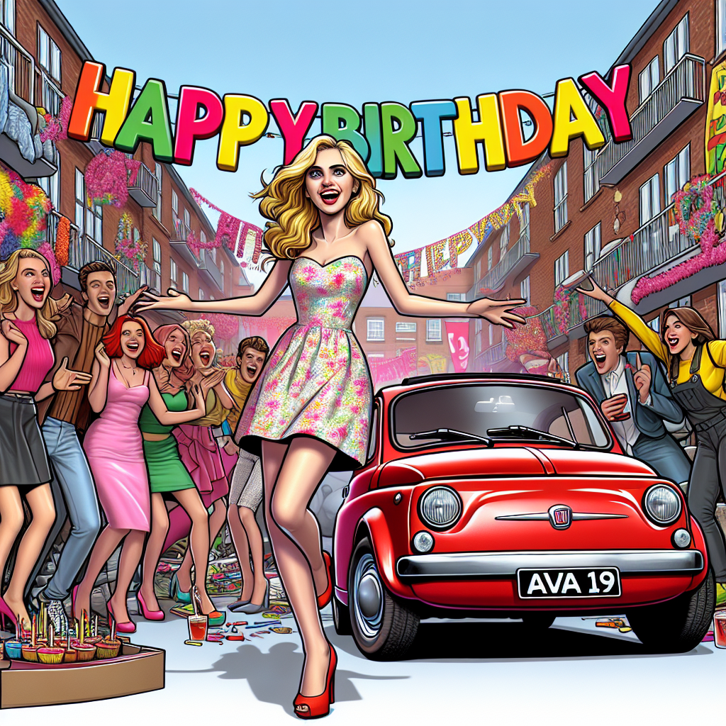 Amidst a backdrop of bright cartoon-style chaos that is common of student apartments, a joyful blonde girl is the center of attention, engaging in song and dance routines reminiscent of a happy musical. The scene includes pops of color, a charming red Fiat 500 car with a 'AVA 19' number plate, parked as part of the scenery. Surrounding this, there's a prominent 'Happy Birthday' message in vibrant letters, reinforcing the celebratory theme. As a funny addition, an unidentified fashionable male with a dress joins the ensemble, contributing a sense of humor. The image encapsulates a perfect blend of celebration, personalized touches, and a bit of lighthearted disarray.
Generated with these themes: Girl with long blonde hair singing and dancing onstage in a musical, Red Fiat 500 with number plate that says AVA 19, Happy Birthday sign, Harry Styles in a dress, and Messy student accommodation.
Made with ❤️ by AI.