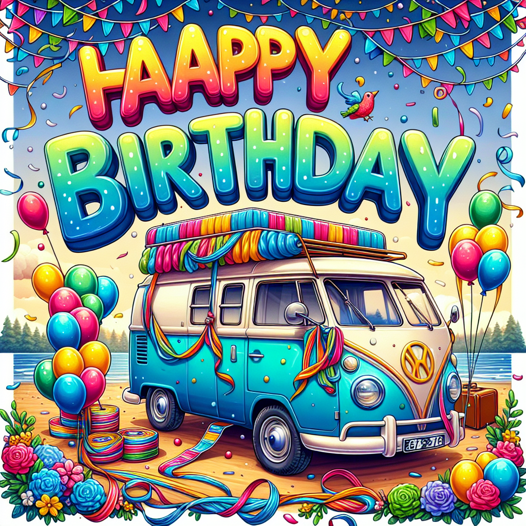 A whimsical birthday illustration features a colorful camper van parked amidst a festively decorated background. Balloons and streamers drape over the van and the words 'Happy Birthday' float above in a playful, bold font, seemingly towed by a cartoonish bird in flight.
Generated with these themes: Camper van .
Made with ❤️ by AI.
