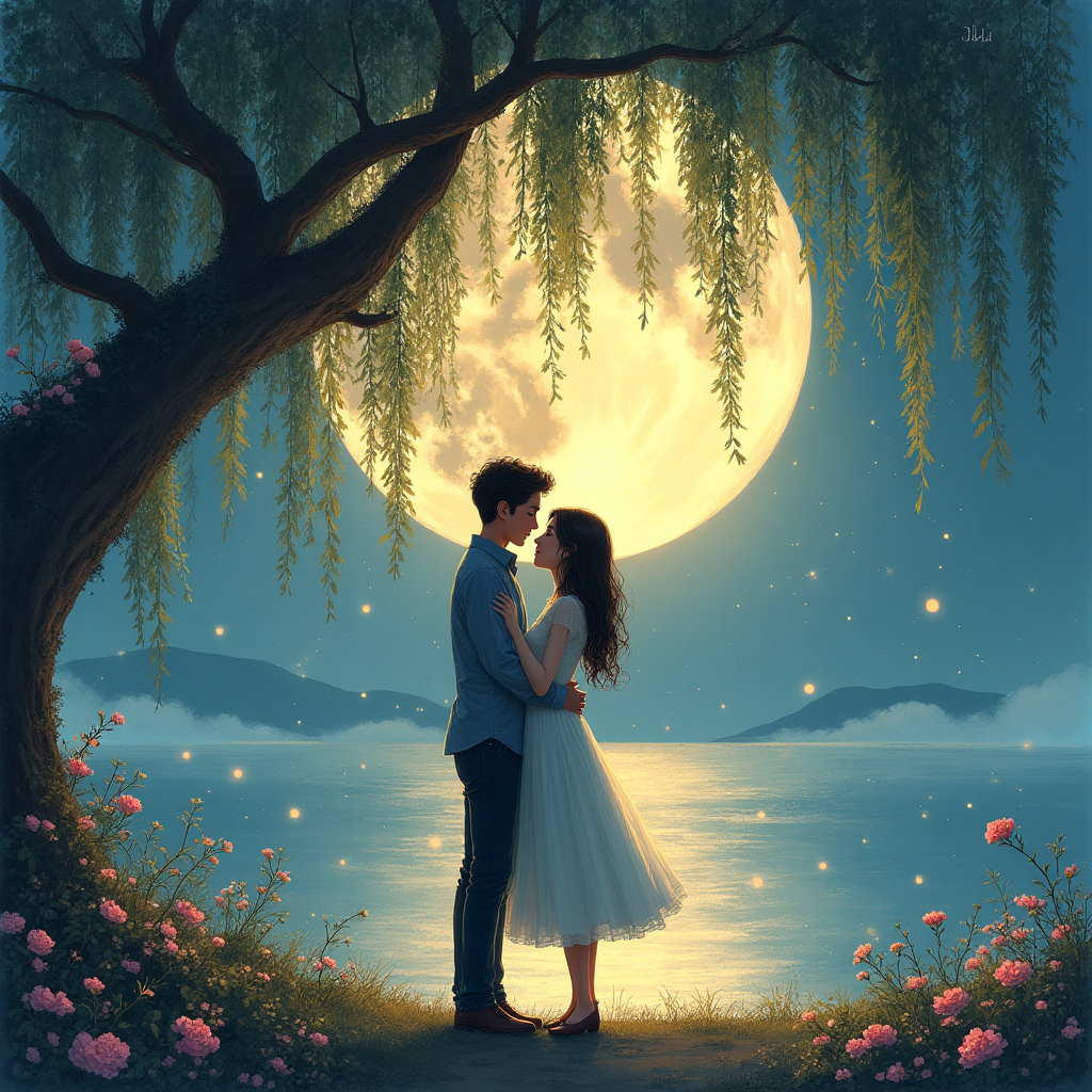 At the top of the Illustration Style image, the text reads: "Deku"

**Image Description:**

In a romantic hand-drawn illustration, a serene moonlit scene unfolds. At the heart of the image, two silhouettes embrace under a cascading willow tree, their forms gracefully intertwined. They stand on the edge of a gentle lake, with the moonlight shimmering across the water's surface like a thousand diamonds. Fireflies dance around them, creating a magical aura. 

The scene is bathed in warm, expressive colors of soft blues, blush pinks, and warm golds. Delicate fine linework and textured brush strokes bring an intimate, tender quality to the composition. 

In the background, lush greenery and blooming flowers frame the couple, adding depth and texture. The atmosphere is romantic and dreamlike, perfectly capturing the essence of a timeless love story. 

A playful text caption at the bottom reads: "Our love is like moonlit whispers—endlessly enchanting."
Generated with these themes: Sex, and .
Made with ❤️ by AI.