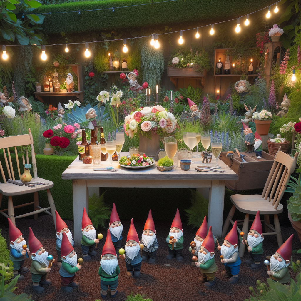 Visualize a delightful birthday scenario taking place in a garden abundant with lush plants and vibrant blossoms. At the heart of the setting, a quaint wooden table is decorated with elegant flower arrangements and old-fashioned gardening implements, hinting at a gathering. Adjacent to this table, a charming scene emphasizes garden gnomes animatedly participating in a relay, substituting mini cocktail shakers for batons, symbolic of the invigorating 'cocktail relay' experience. Above the garden, series of string lights cast a soft illumination, intensifying the heartfelt and intimate ambiance of this garden-centric birthday celebration.
Generated with these themes: Gardening running cocktails.
Made with ❤️ by AI.